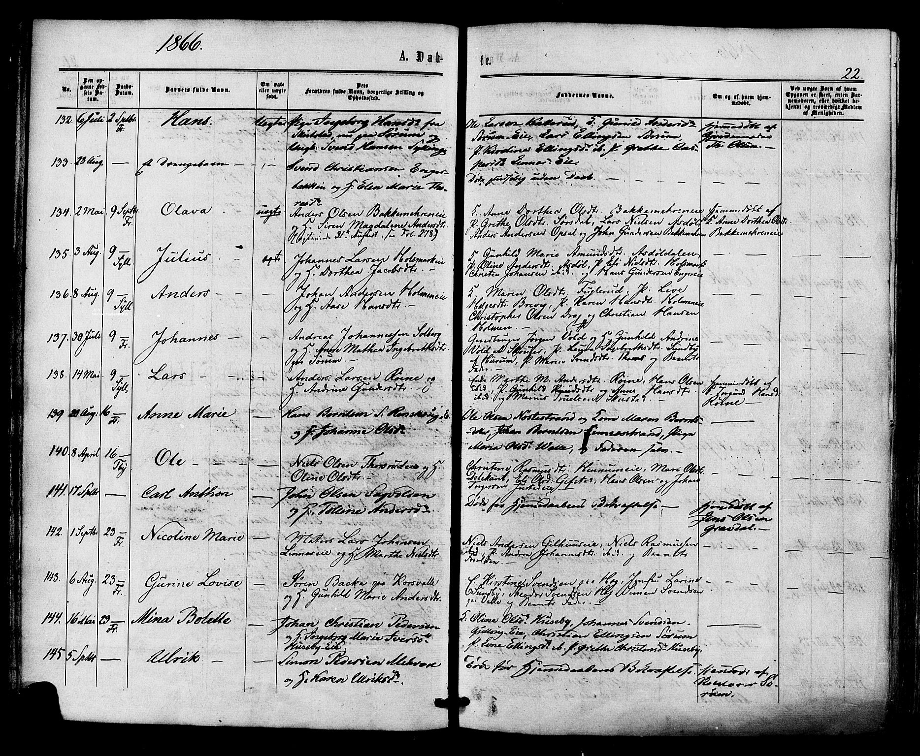 Lier kirkebøker, AV/SAKO-A-230/F/Fa/L0013: Ministerialbok nr. I 13, 1865-1874, s. 22