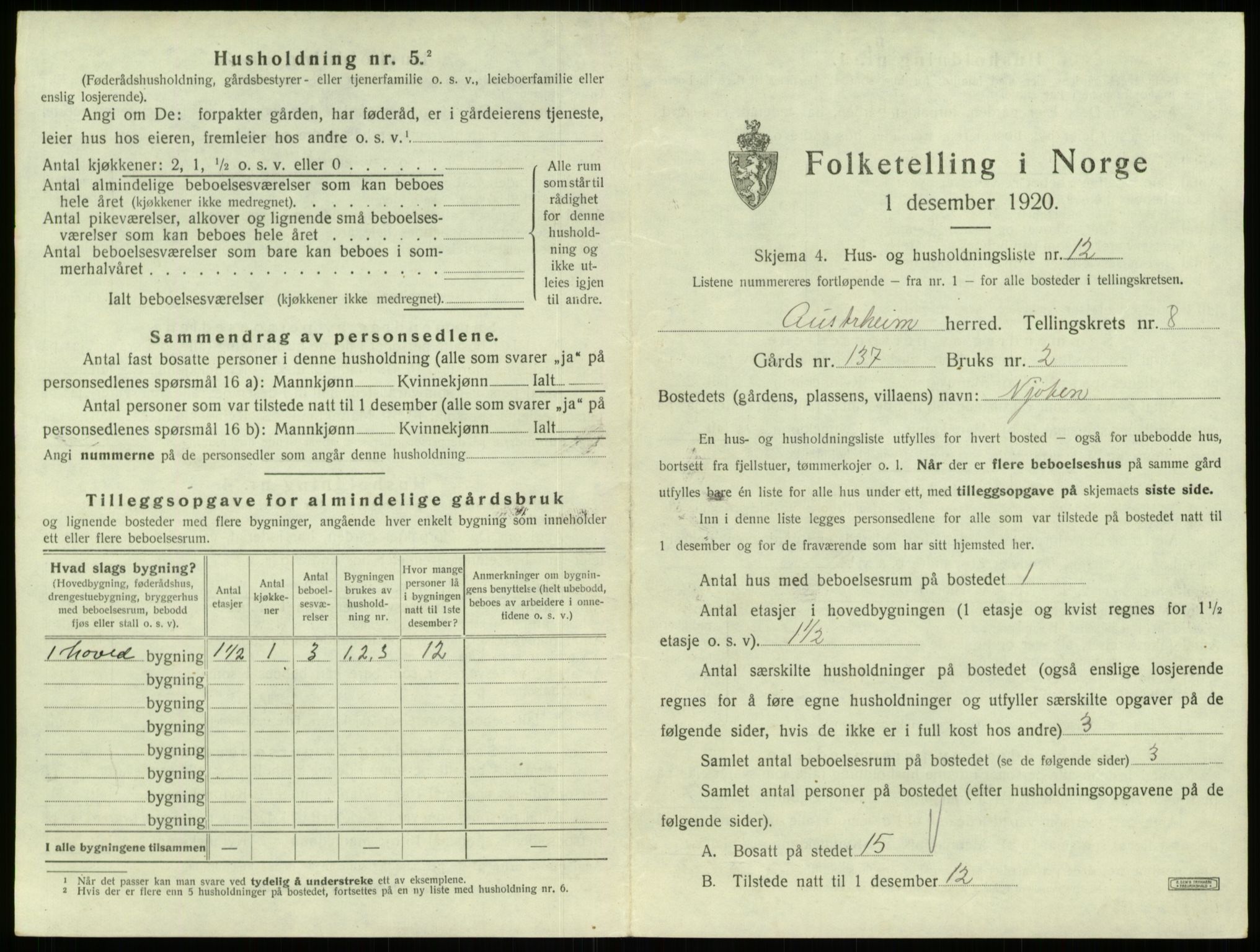 SAB, Folketelling 1920 for 1264 Austrheim herred, 1920, s. 406