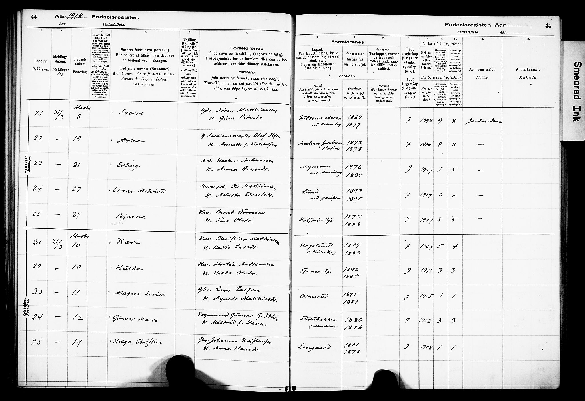 Ringsaker prestekontor, AV/SAH-PREST-014/O/Oa/L0001: Fødselsregister nr. 1, 1916-1925, s. 44