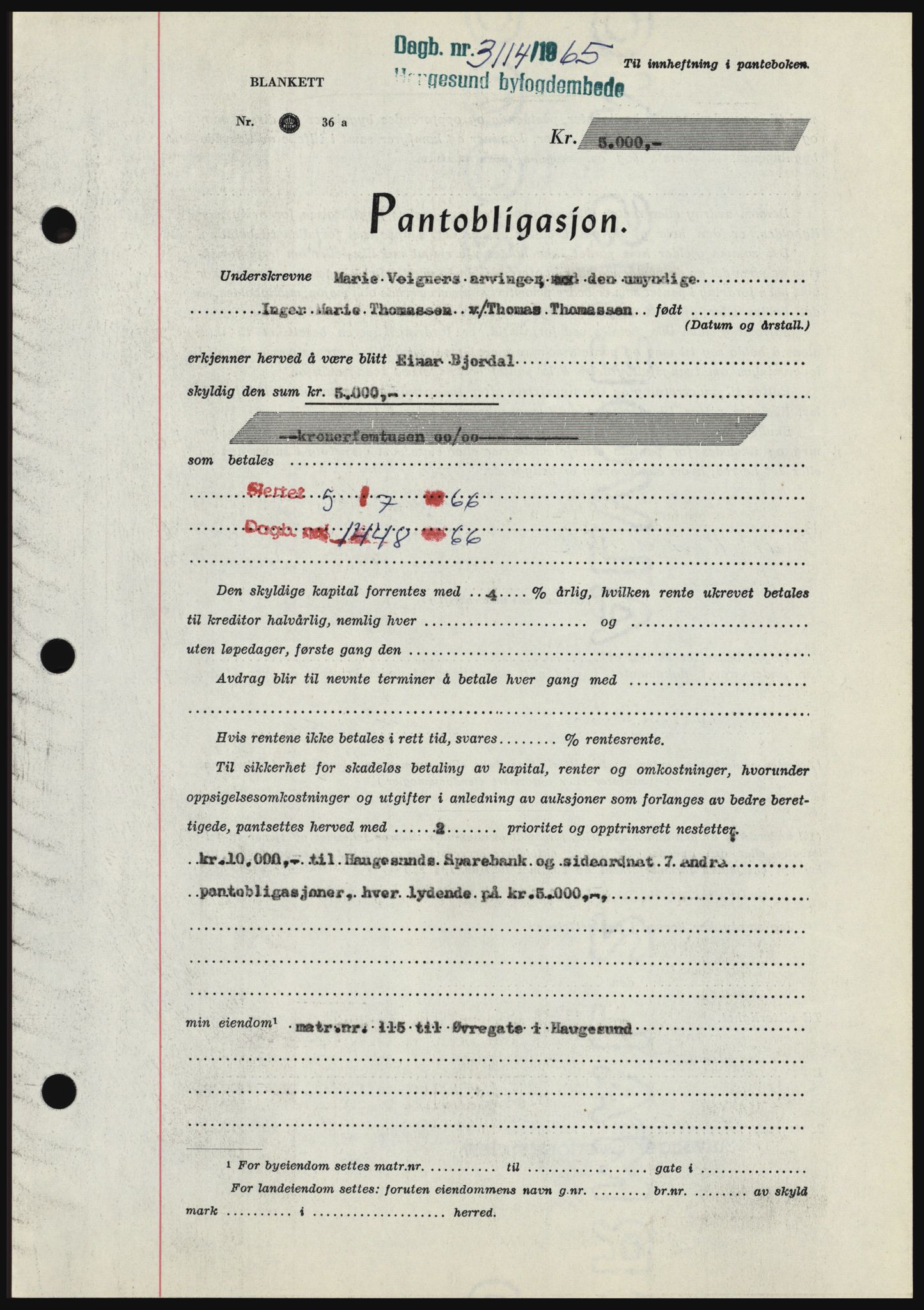Haugesund tingrett, SAST/A-101415/01/II/IIC/L0054: Pantebok nr. B 54, 1965-1966, Dagboknr: 3114/1965