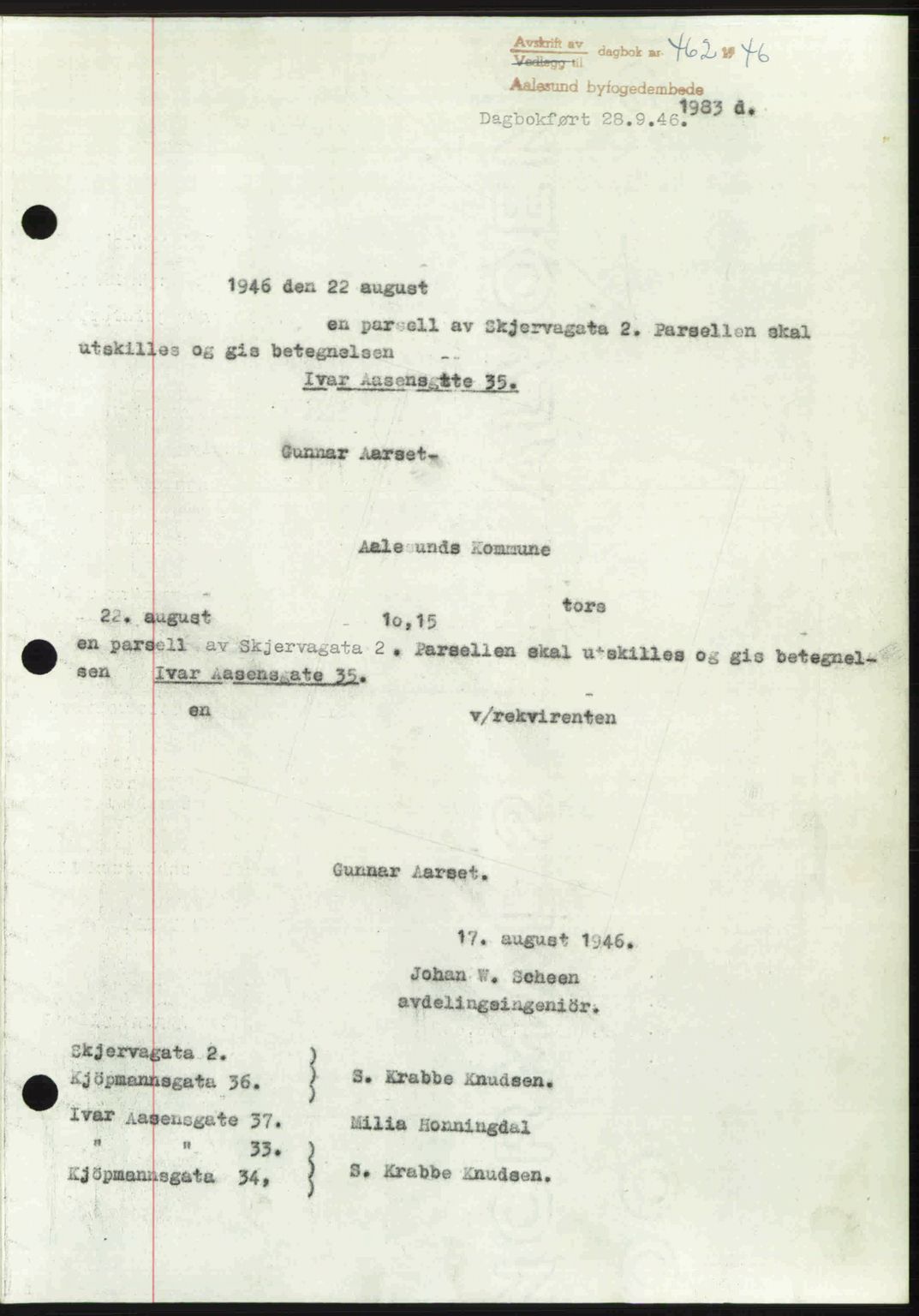 Ålesund byfogd, AV/SAT-A-4384: Pantebok nr. 36b, 1946-1947, Dagboknr: 462/1946