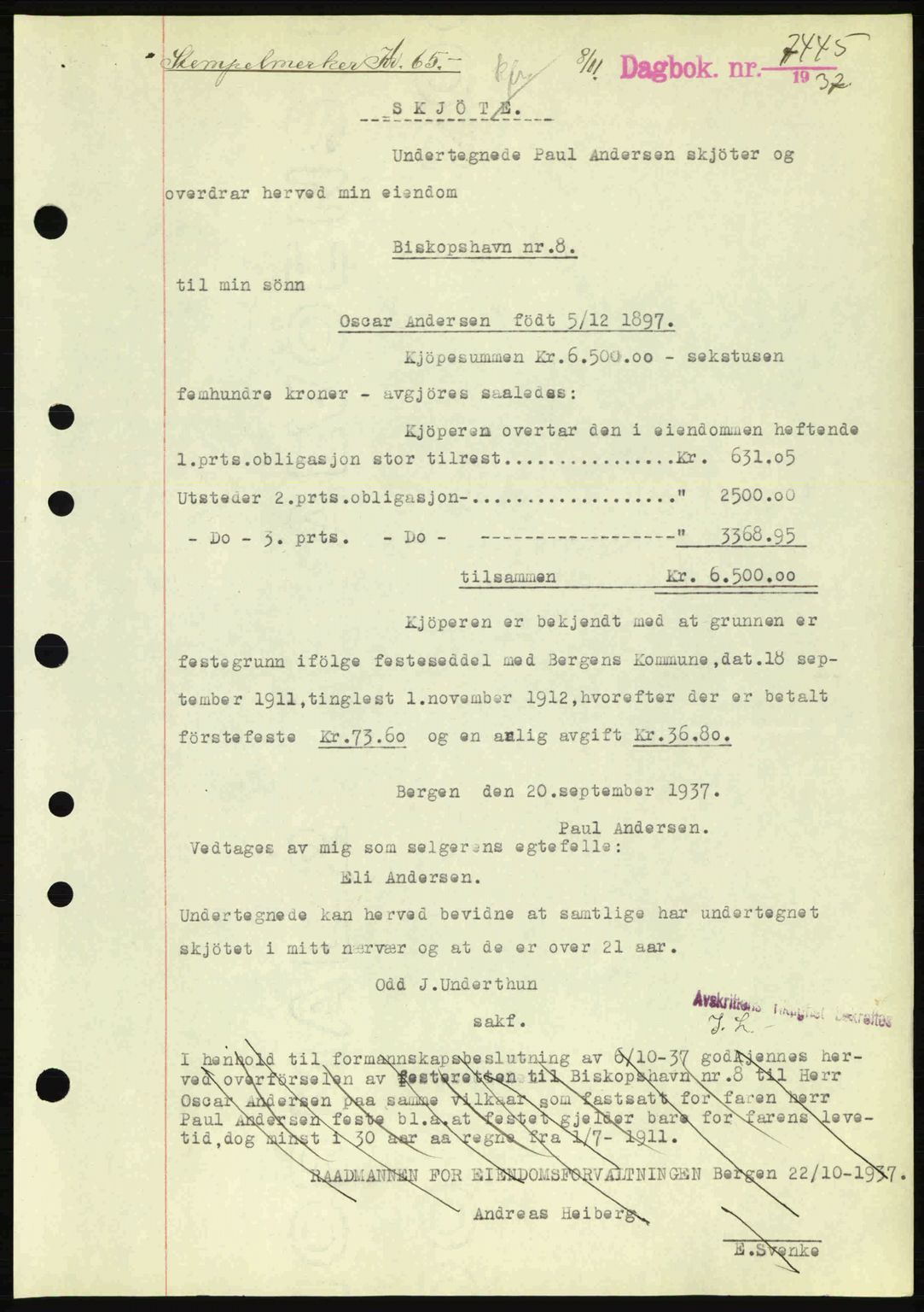 Byfogd og Byskriver i Bergen, SAB/A-3401/03/03Bc/L0006: Pantebok nr. A5, 1937-1938, Dagboknr: 7445/1937