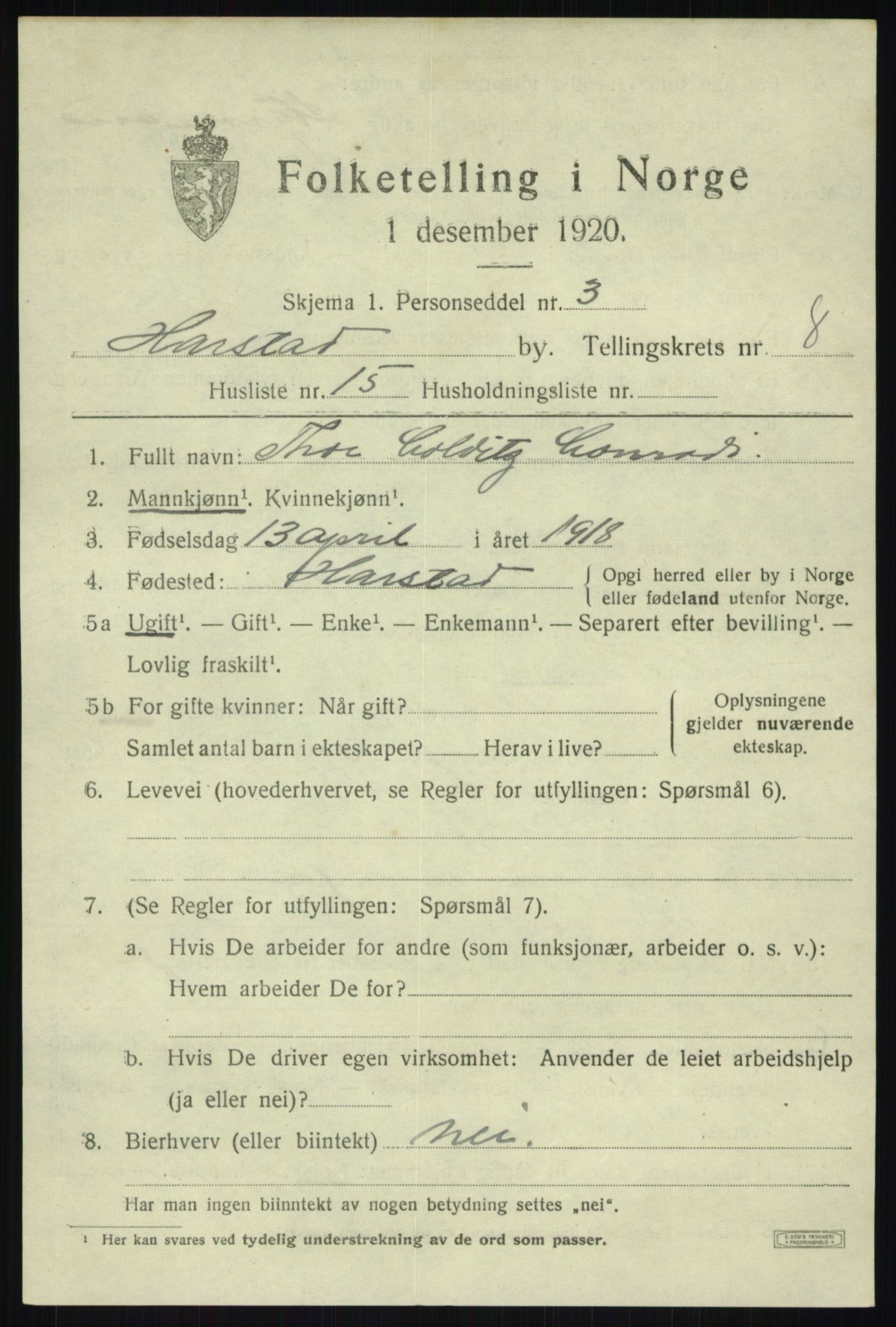 SATØ, Folketelling 1920 for 1901 Harstad ladested, 1920, s. 9254