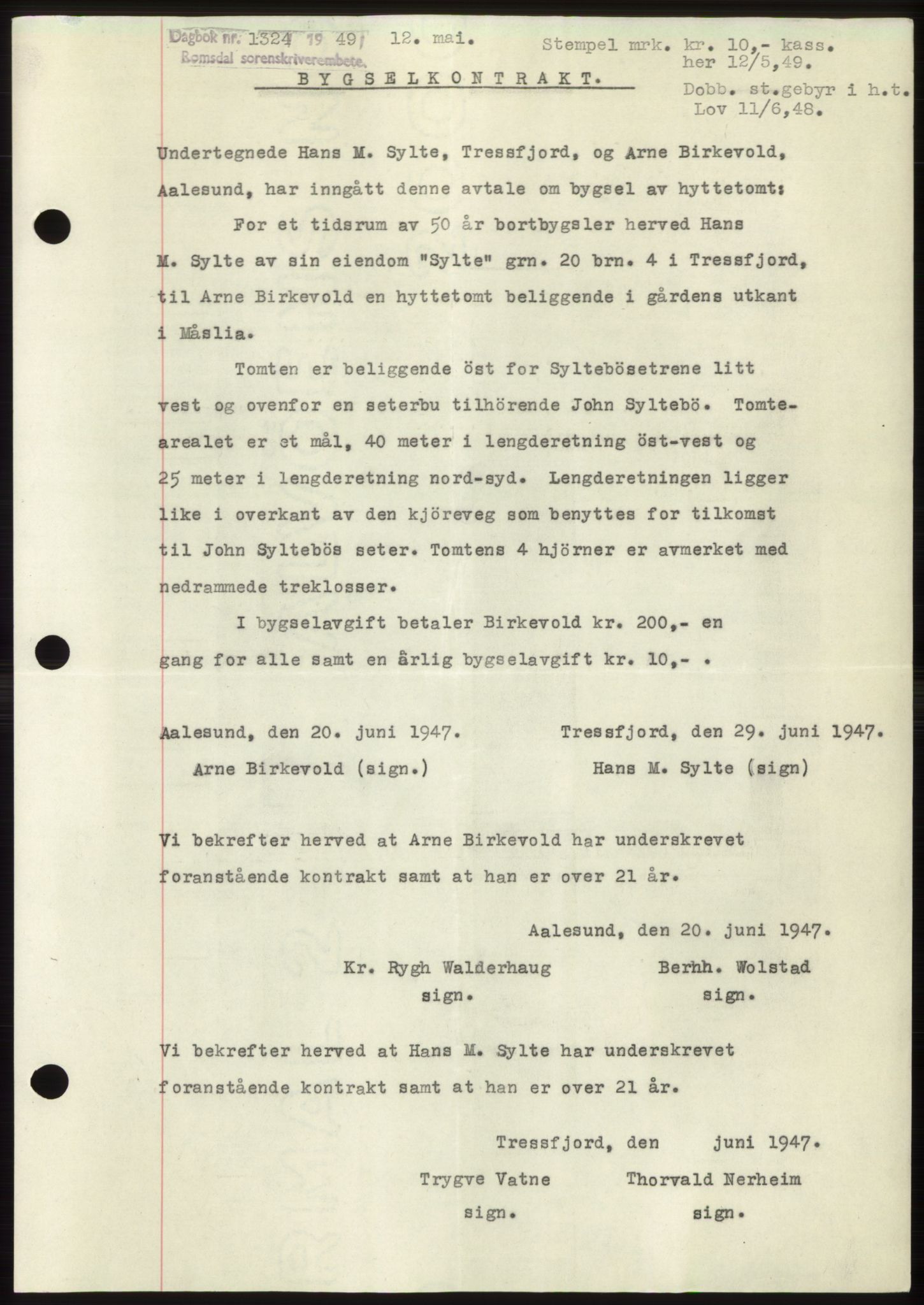 Romsdal sorenskriveri, SAT/A-4149/1/2/2C: Pantebok nr. B4, 1948-1949, Dagboknr: 1324/1949