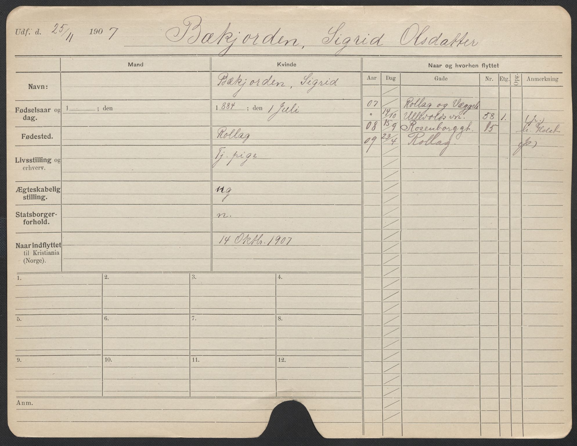 Oslo folkeregister, Registerkort, AV/SAO-A-11715/F/Fa/Fac/L0013: Kvinner, 1906-1914, s. 25a