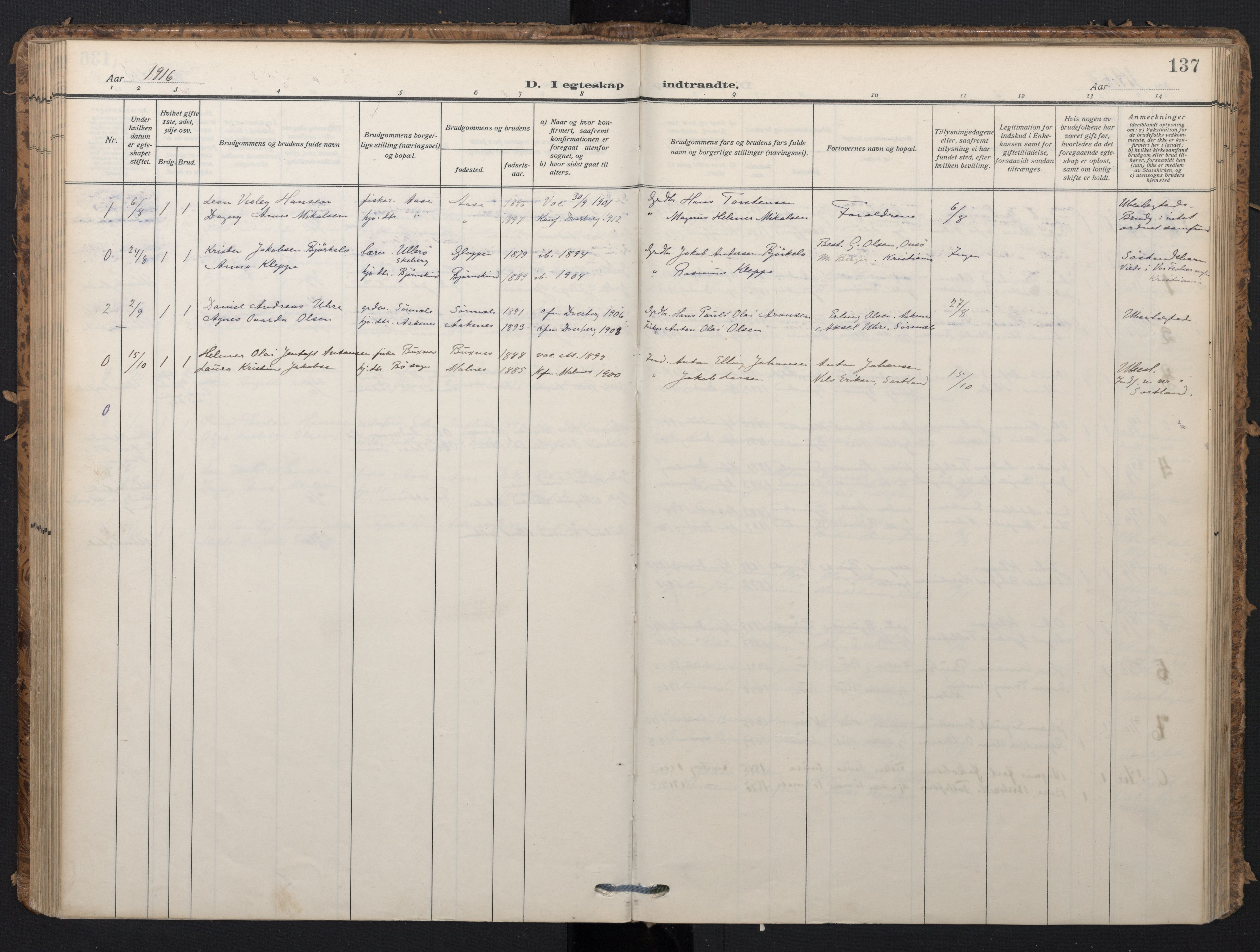 Ministerialprotokoller, klokkerbøker og fødselsregistre - Nordland, SAT/A-1459/898/L1423: Ministerialbok nr. 898A03, 1909-1928, s. 137