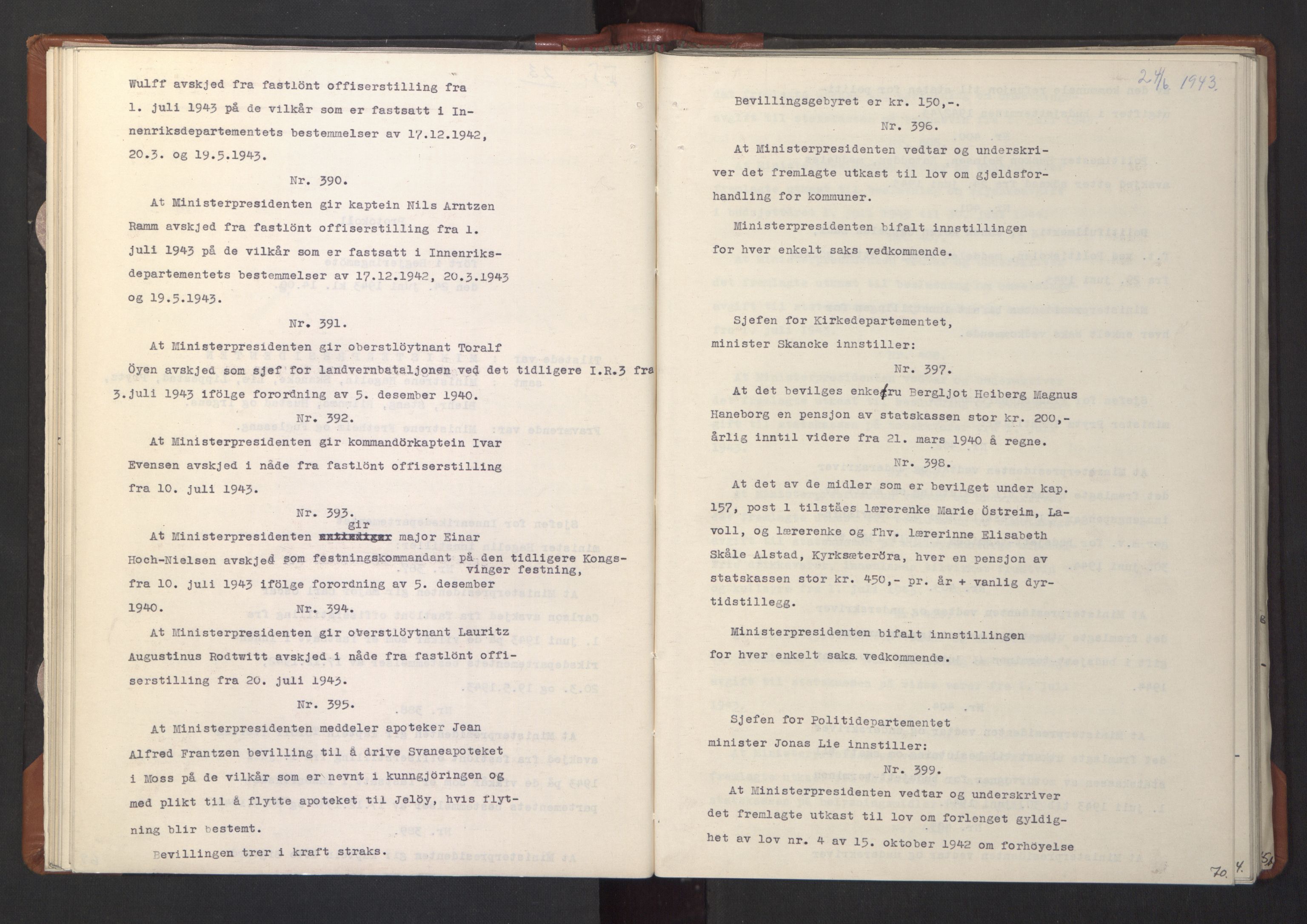 NS-administrasjonen 1940-1945 (Statsrådsekretariatet, de kommisariske statsråder mm), AV/RA-S-4279/D/Da/L0003: Vedtak (Beslutninger) nr. 1-746 og tillegg nr. 1-47 (RA. j.nr. 1394/1944, tilgangsnr. 8/1944, 1943, s. 72