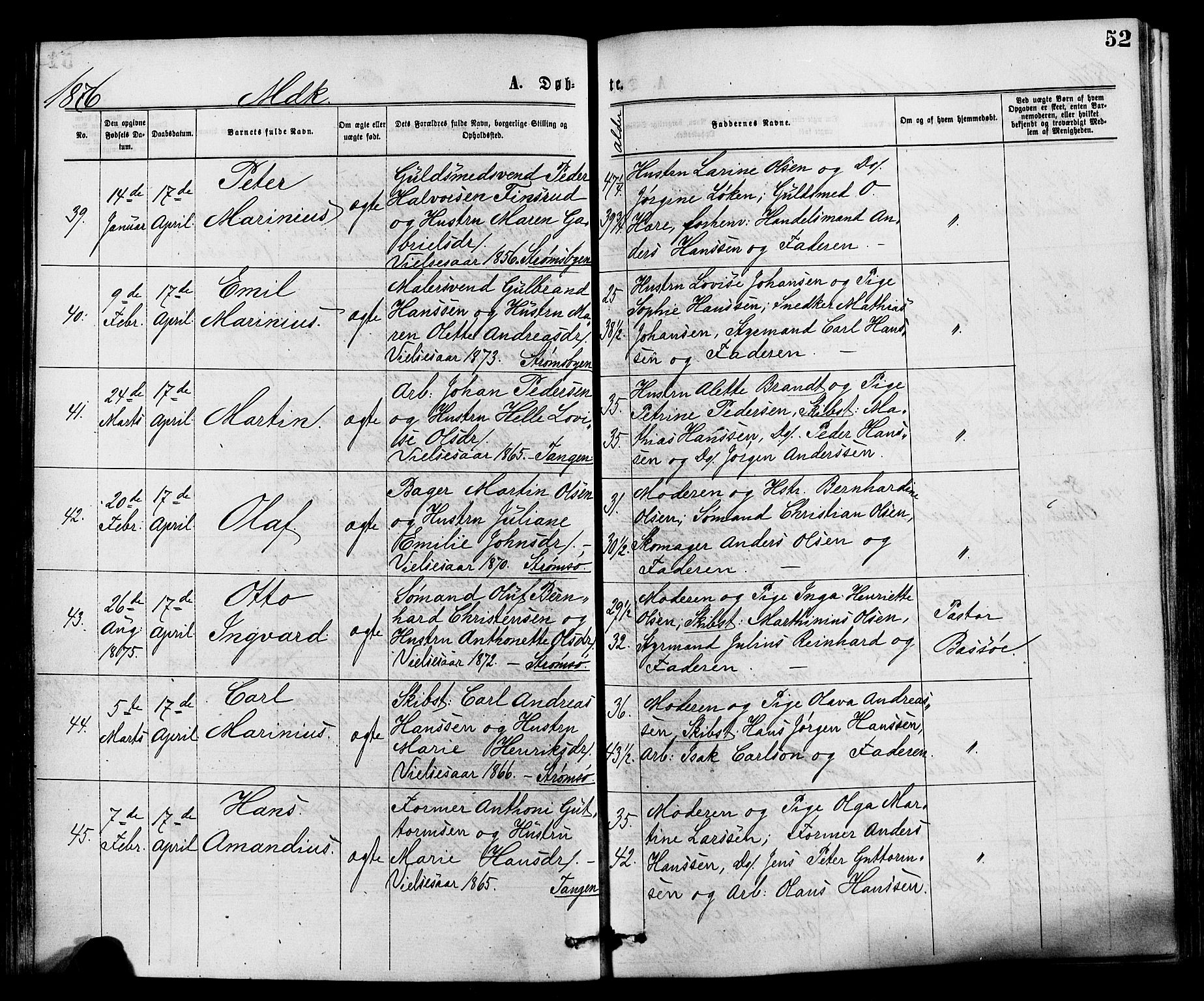Strømsø kirkebøker, AV/SAKO-A-246/F/Fa/L0019: Ministerialbok nr. I 19, 1874-1877, s. 52