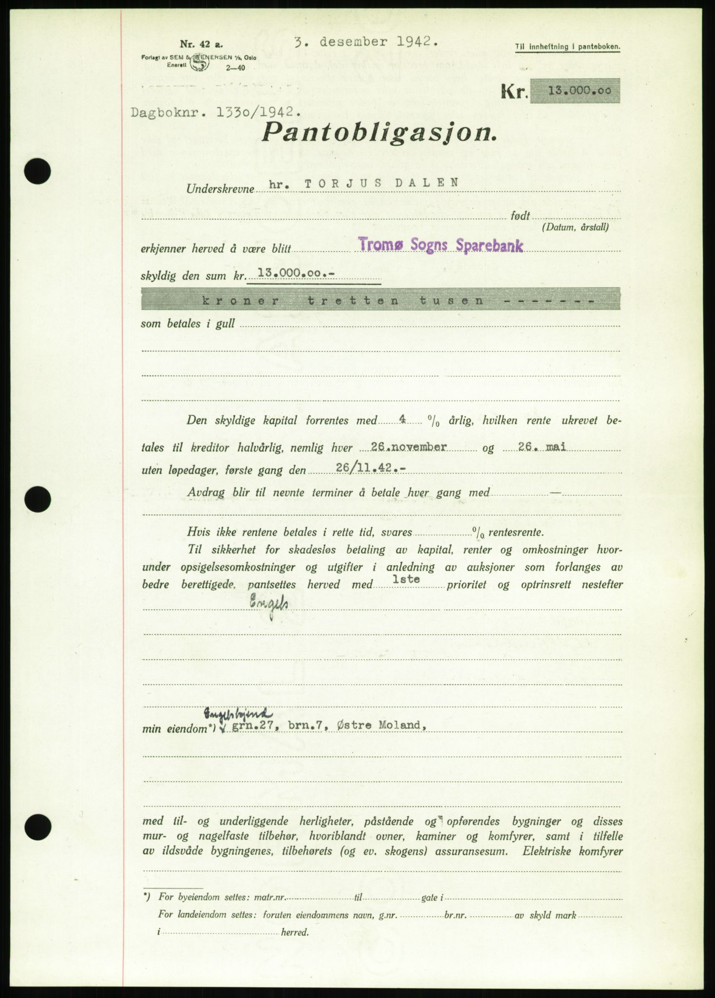 Nedenes sorenskriveri, SAK/1221-0006/G/Gb/Gbb/L0002: Pantebok nr. II, 1942-1945, Dagboknr: 1330/1942