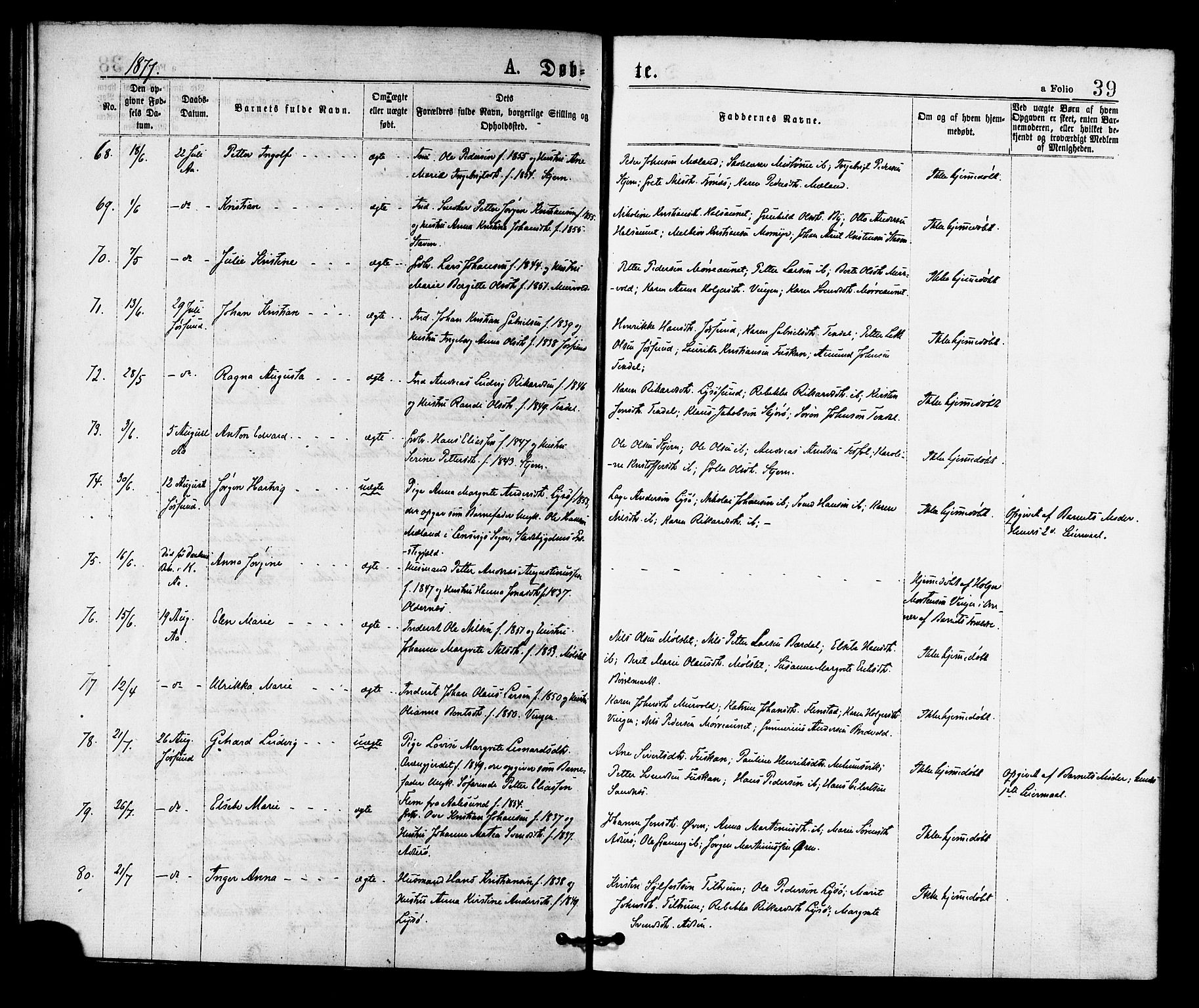 Ministerialprotokoller, klokkerbøker og fødselsregistre - Sør-Trøndelag, AV/SAT-A-1456/655/L0679: Ministerialbok nr. 655A08, 1873-1879, s. 39
