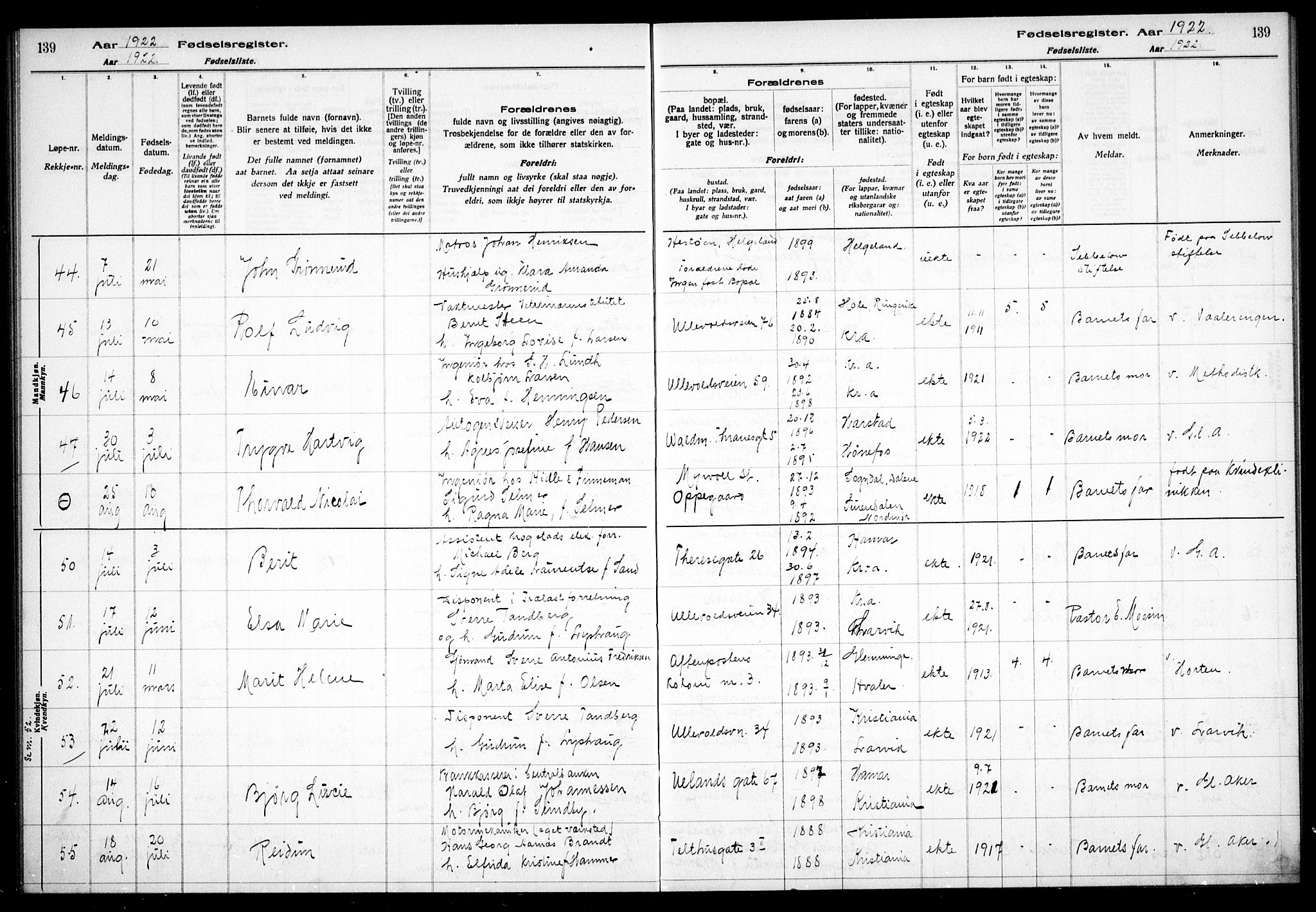 Gamle Aker prestekontor Kirkebøker, AV/SAO-A-10617a/J/L0001: Fødselsregister nr. 1, 1916-1927, s. 139