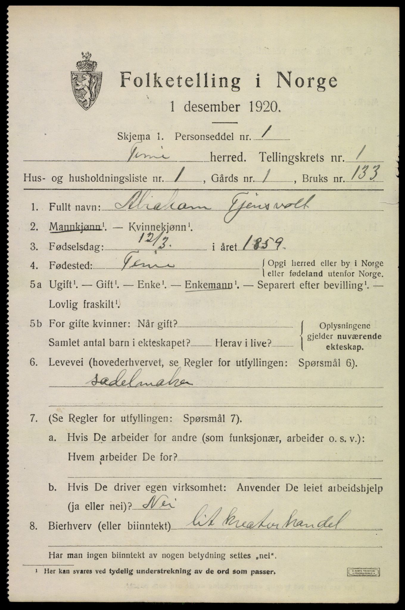 SAST, Folketelling 1920 for 1121 Time herred, 1920, s. 1275