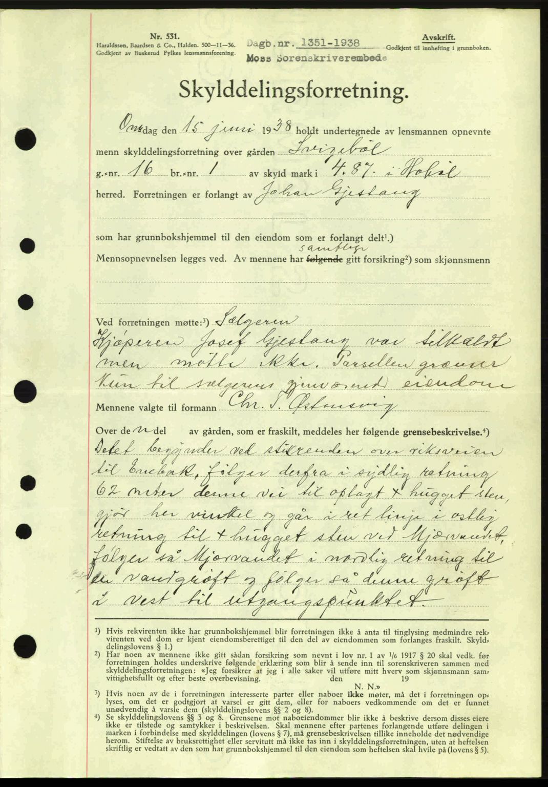 Moss sorenskriveri, SAO/A-10168: Pantebok nr. A4, 1938-1938, Dagboknr: 1351/1938