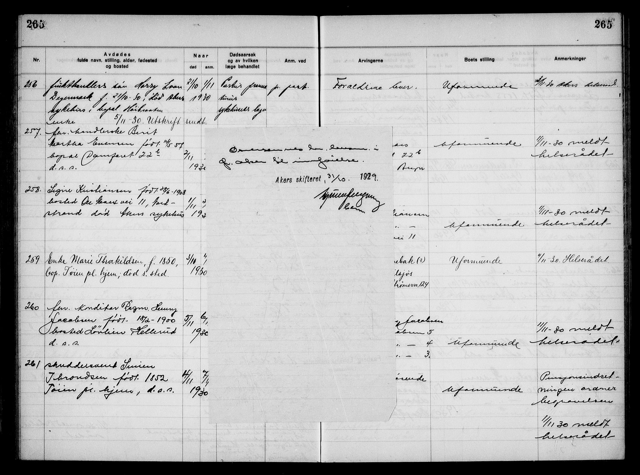 Aker kriminaldommer, skifte- og auksjonsforvalterembete, AV/SAO-A-10452/H/Hb/Hba/Hbac/L0002: Dødsfallsprotokoll for Østre Aker, 1927-1931, s. 265