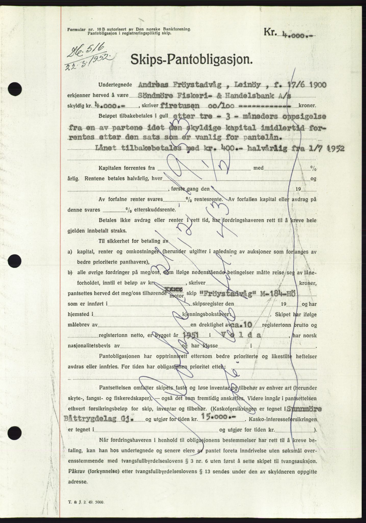 Søre Sunnmøre sorenskriveri, AV/SAT-A-4122/1/2/2C/L0121: Pantebok nr. 9B, 1951-1952, Dagboknr: 516/1952