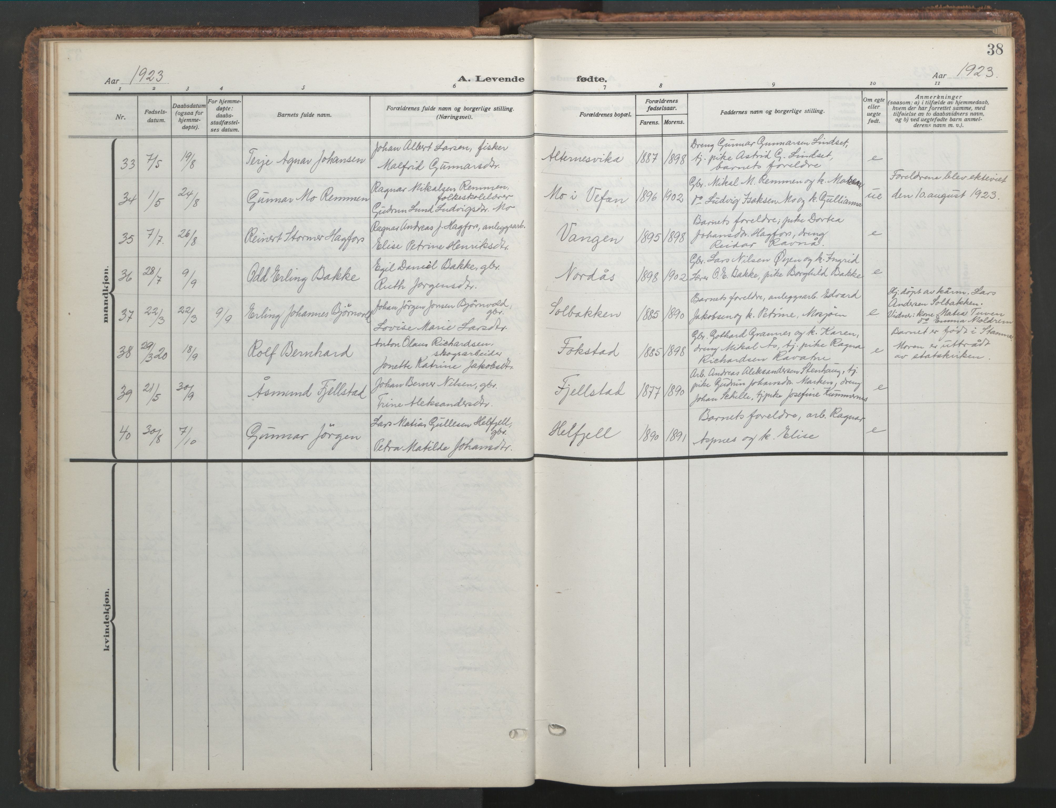 Ministerialprotokoller, klokkerbøker og fødselsregistre - Nordland, AV/SAT-A-1459/820/L0302: Klokkerbok nr. 820C04, 1917-1948, s. 38