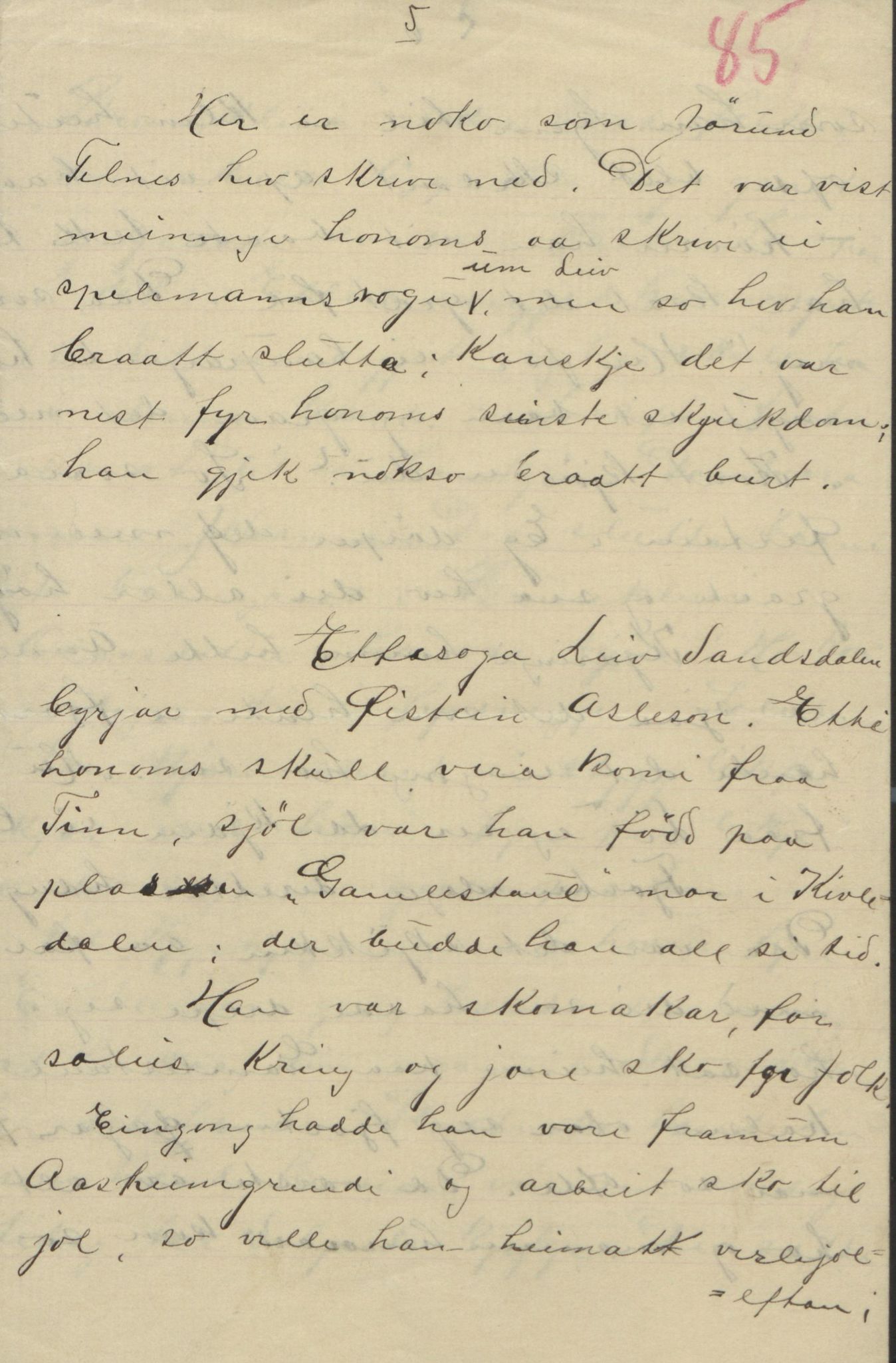 Rikard Berge, TEMU/TGM-A-1003/F/L0004/0053: 101-159 / 157 Manuskript, notatar, brev o.a. Nokre leiker, manuskript, 1906-1908, s. 85