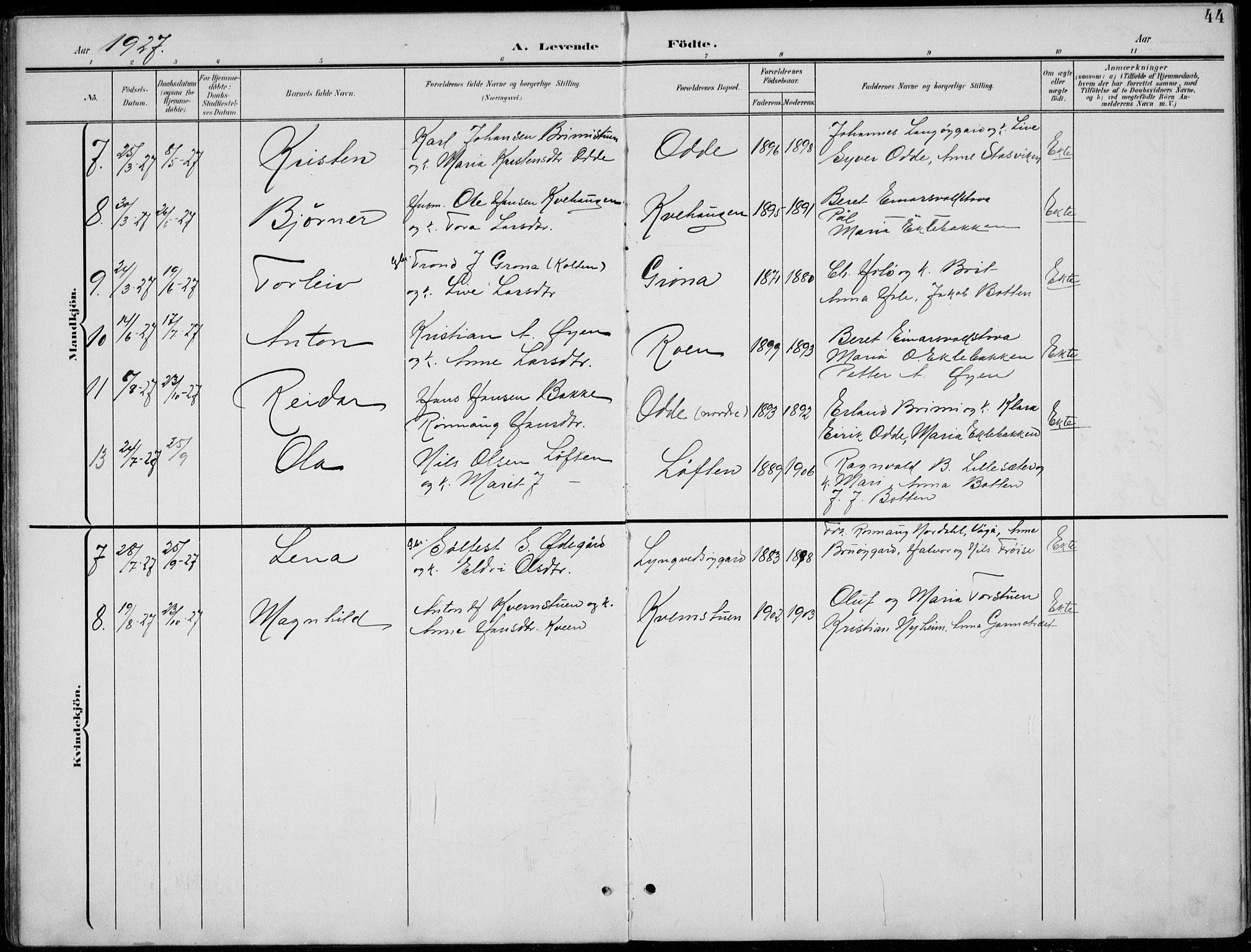 Lom prestekontor, AV/SAH-PREST-070/L/L0006: Klokkerbok nr. 6, 1901-1939, s. 44