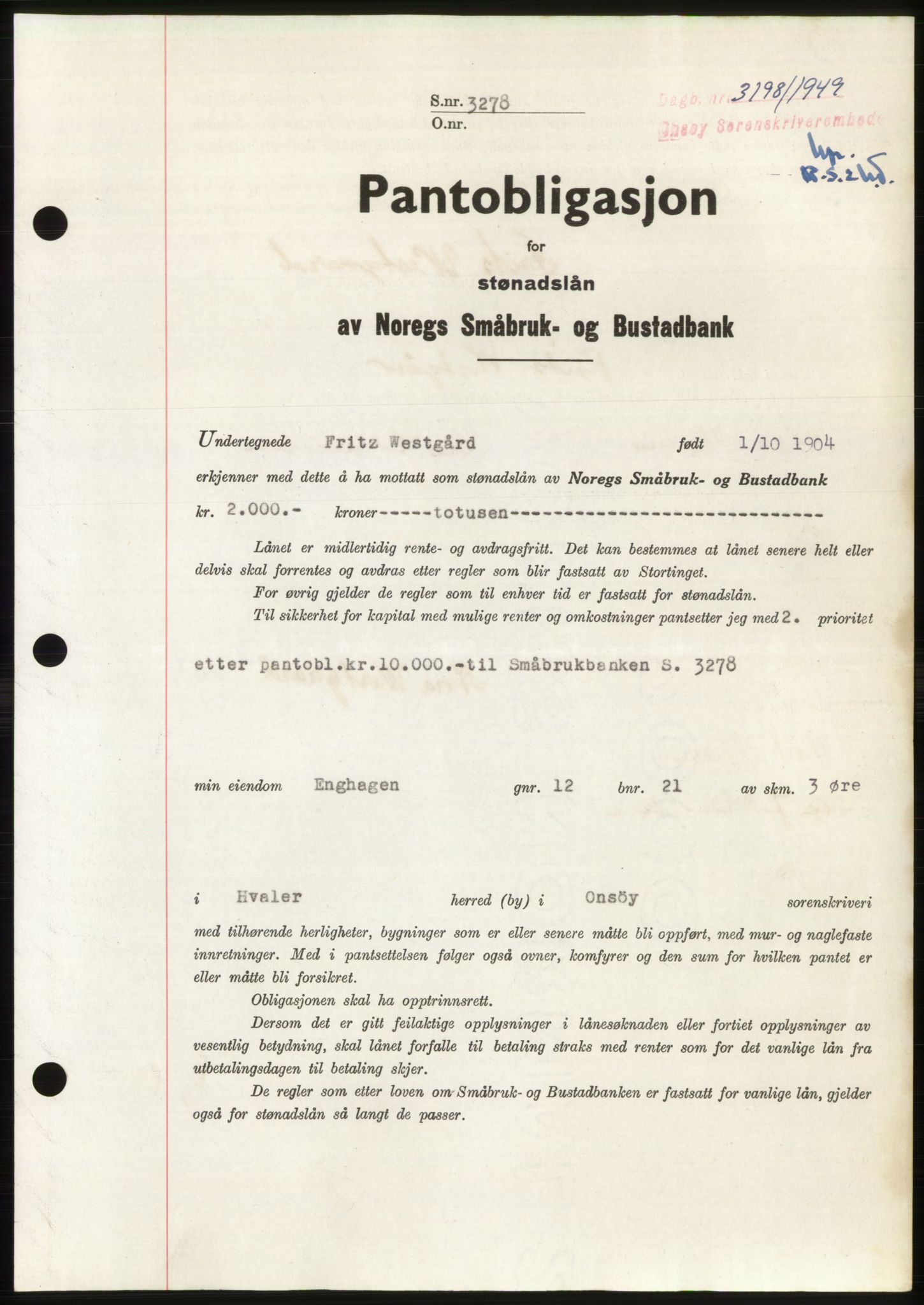 Onsøy sorenskriveri, SAO/A-10474/G/Ga/Gac/L0009: Pantebok nr. B 13-9, 1949-1950, Dagboknr: 3198/1949
