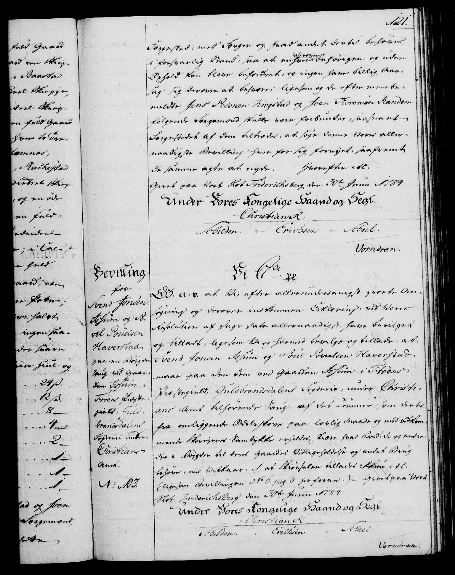 Rentekammeret, Kammerkanselliet, RA/EA-3111/G/Gg/Gga/L0013: Norsk ekspedisjonsprotokoll med register (merket RK 53.13), 1784-1787, s. 121