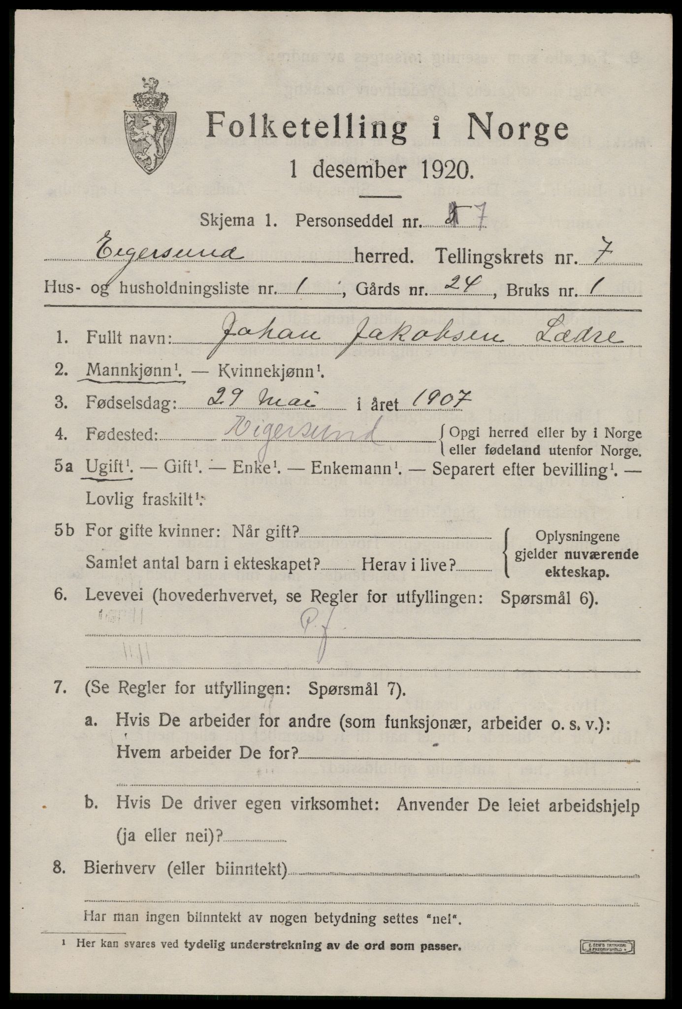 SAST, Folketelling 1920 for 1116 Eigersund herred, 1920, s. 4629