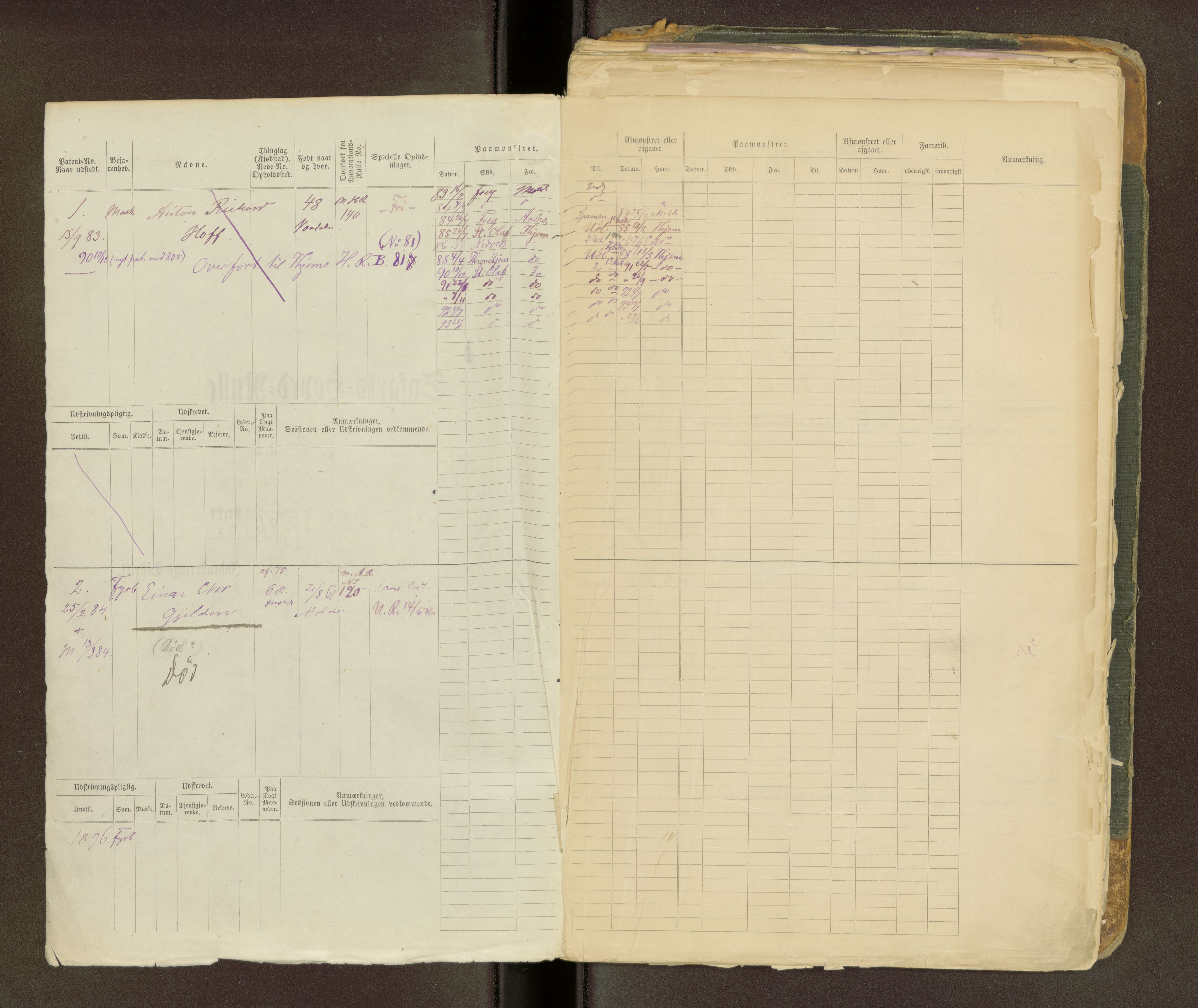 Trondheim sjømannskontor, AV/SAT-A-4709/2/3/3a/L0062: Sjøfartshovedrulle over maskinister og fyrbøtere. Patent 1-146, 1883-1906