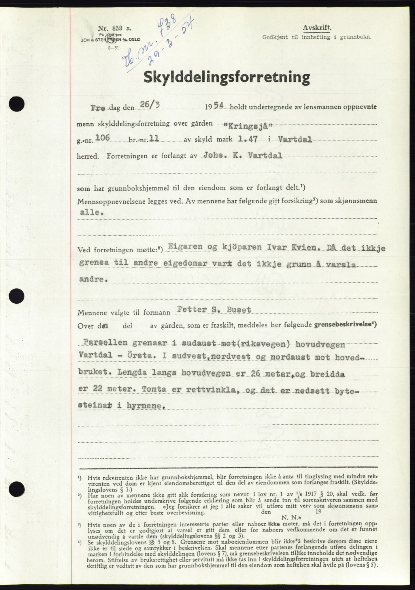 Søre Sunnmøre sorenskriveri, SAT/A-4122/1/2/2C/L0097: Pantebok nr. 23A, 1954-1954, Dagboknr: 738/1954