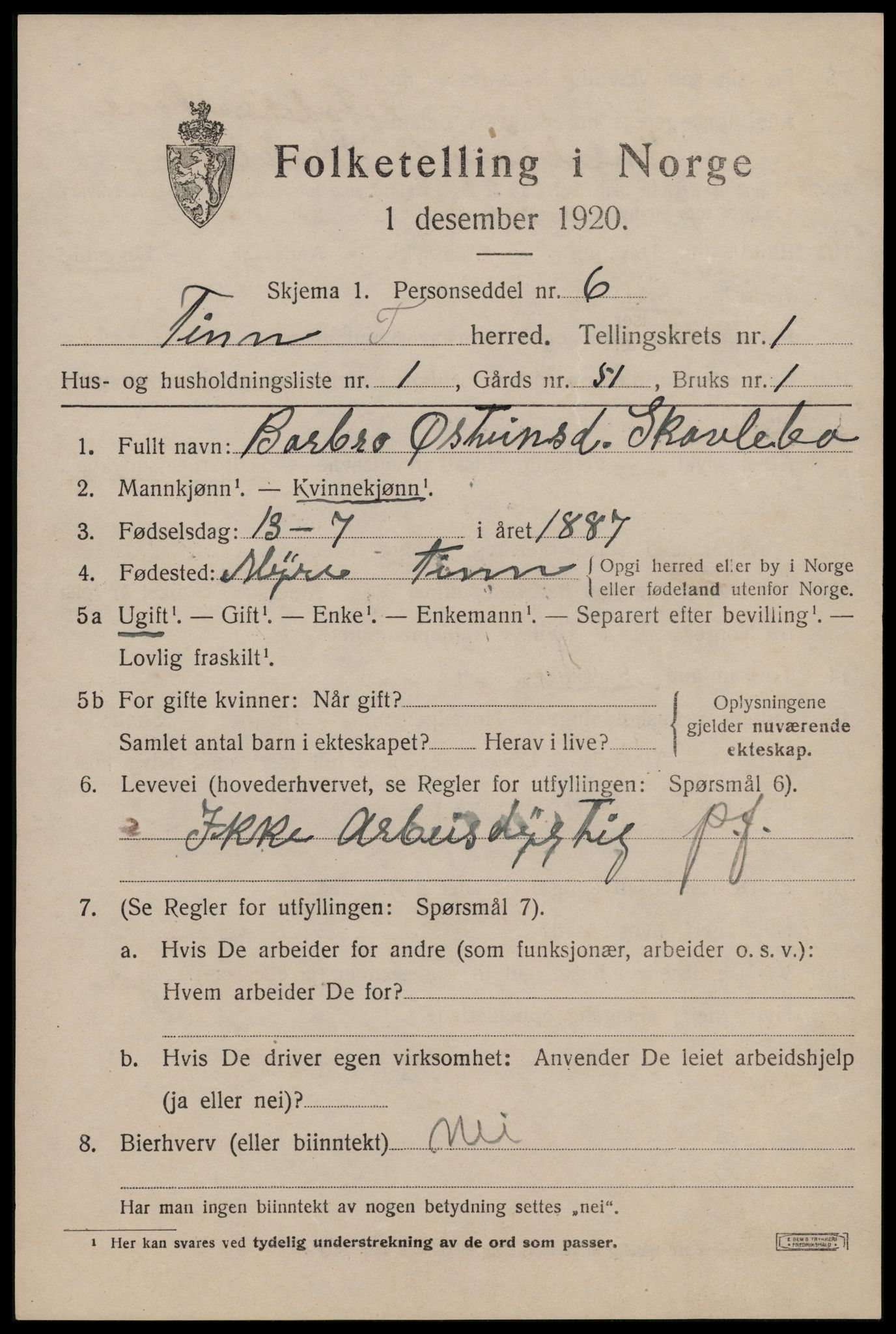 SAKO, Folketelling 1920 for 0826 Tinn herred, 1920, s. 2698