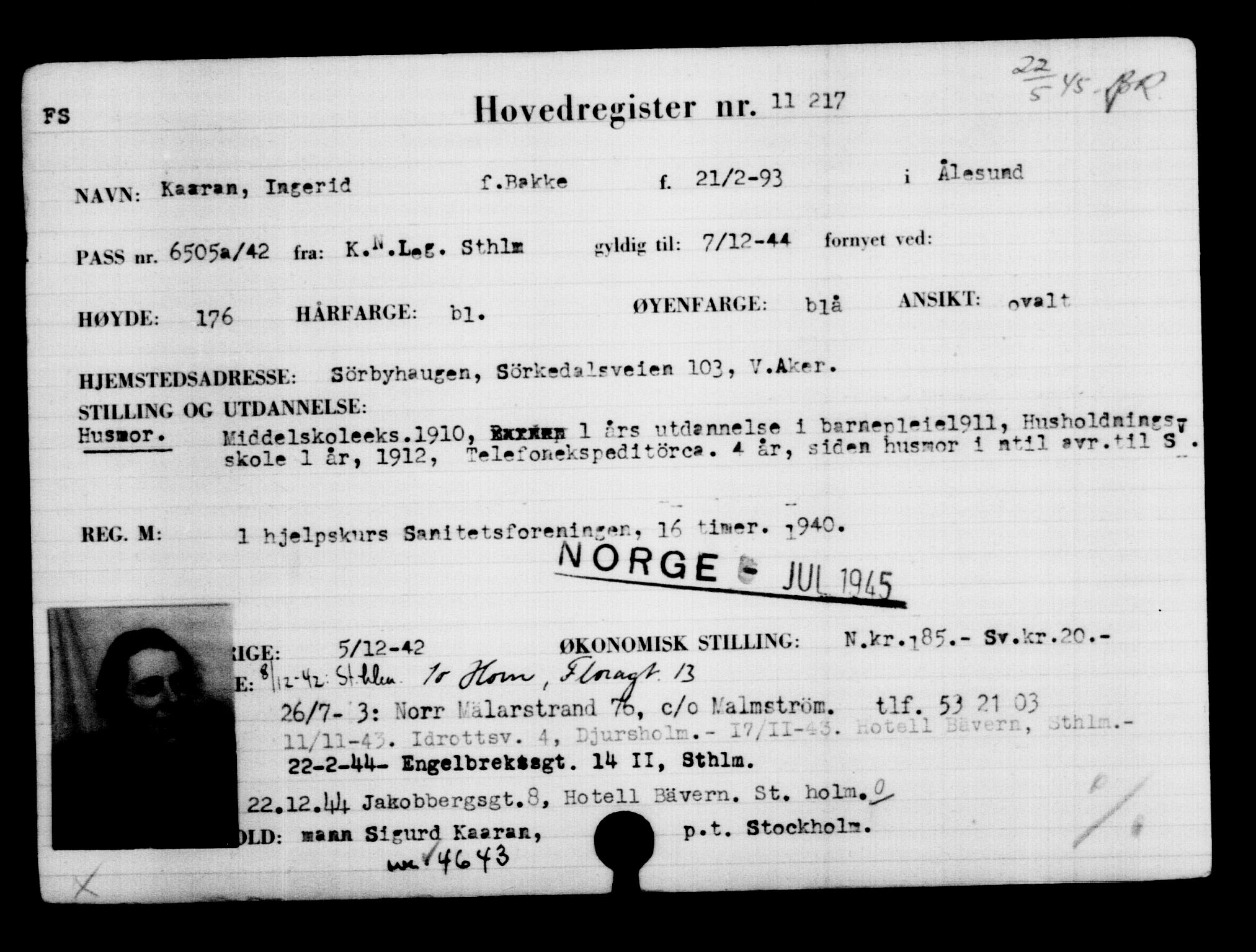 Utenriksstasjonene, Legasjonen i Stockholm, Flyktningkontoret, AV/RA-S-6753/V/Va/L0006: Kjesäterkartoteket, flyktninger med registreringsnr. 9400-12711, 1940-1945, s. 2056