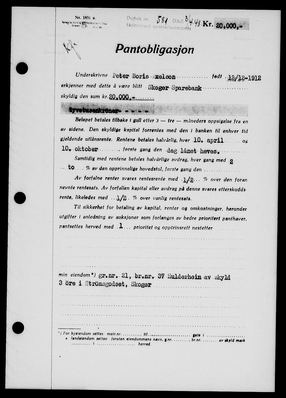Holmestrand sorenskriveri, SAKO/A-67/G/Ga/Gab/L0058: Pantebok nr. B-58, 1947-1948, Dagboknr: 581/1948