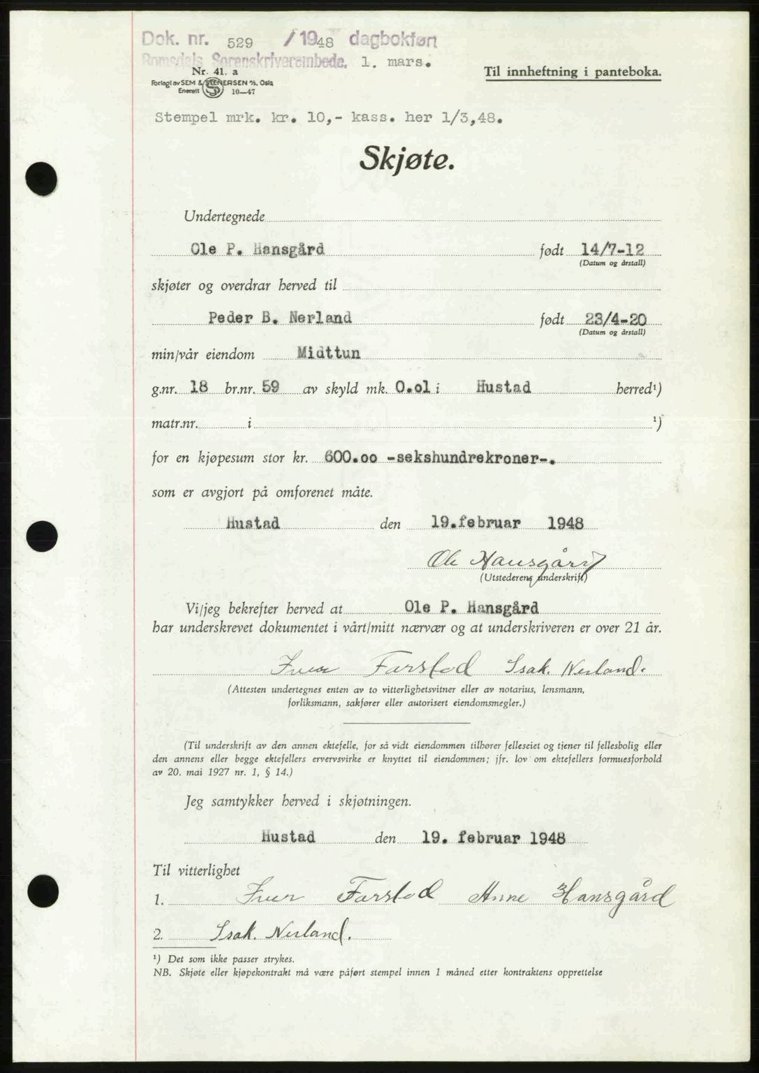 Romsdal sorenskriveri, SAT/A-4149/1/2/2C: Pantebok nr. A25, 1948-1948, Dagboknr: 529/1948