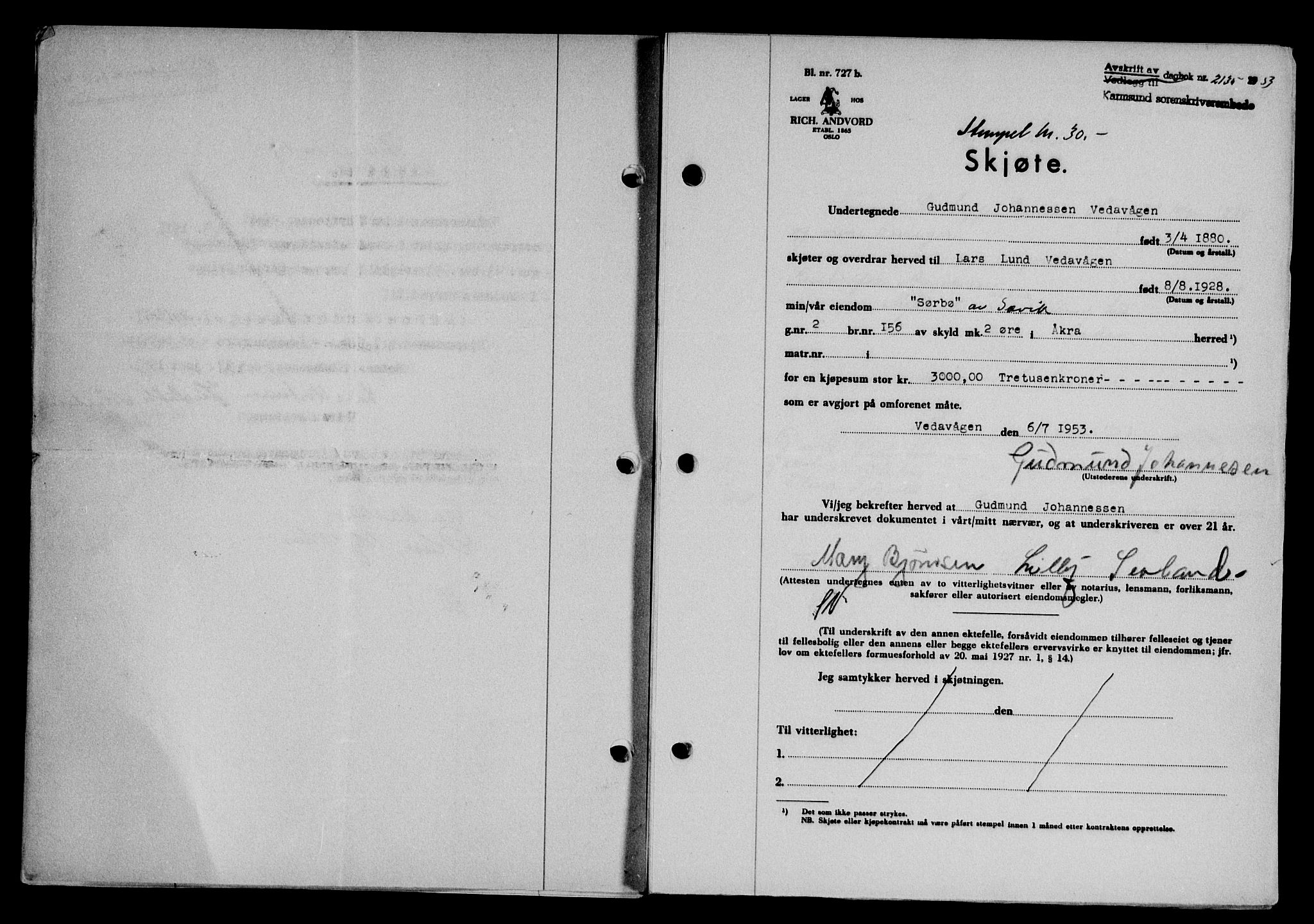 Karmsund sorenskriveri, SAST/A-100311/01/II/IIB/L0109: Pantebok nr. 89A, 1953-1953, Dagboknr: 2135/1953