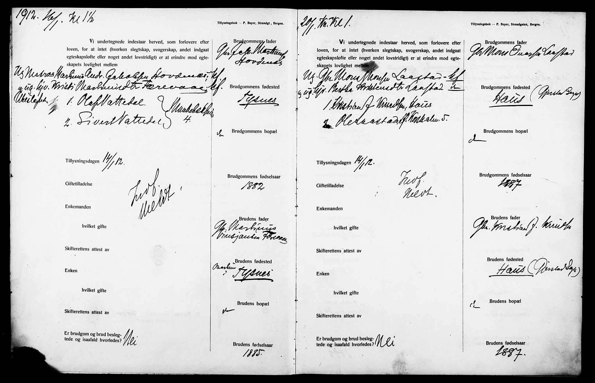 Nykirken Sokneprestembete, SAB/A-77101: Forlovererklæringer nr. II.5.6, 1912-1914, s. 2