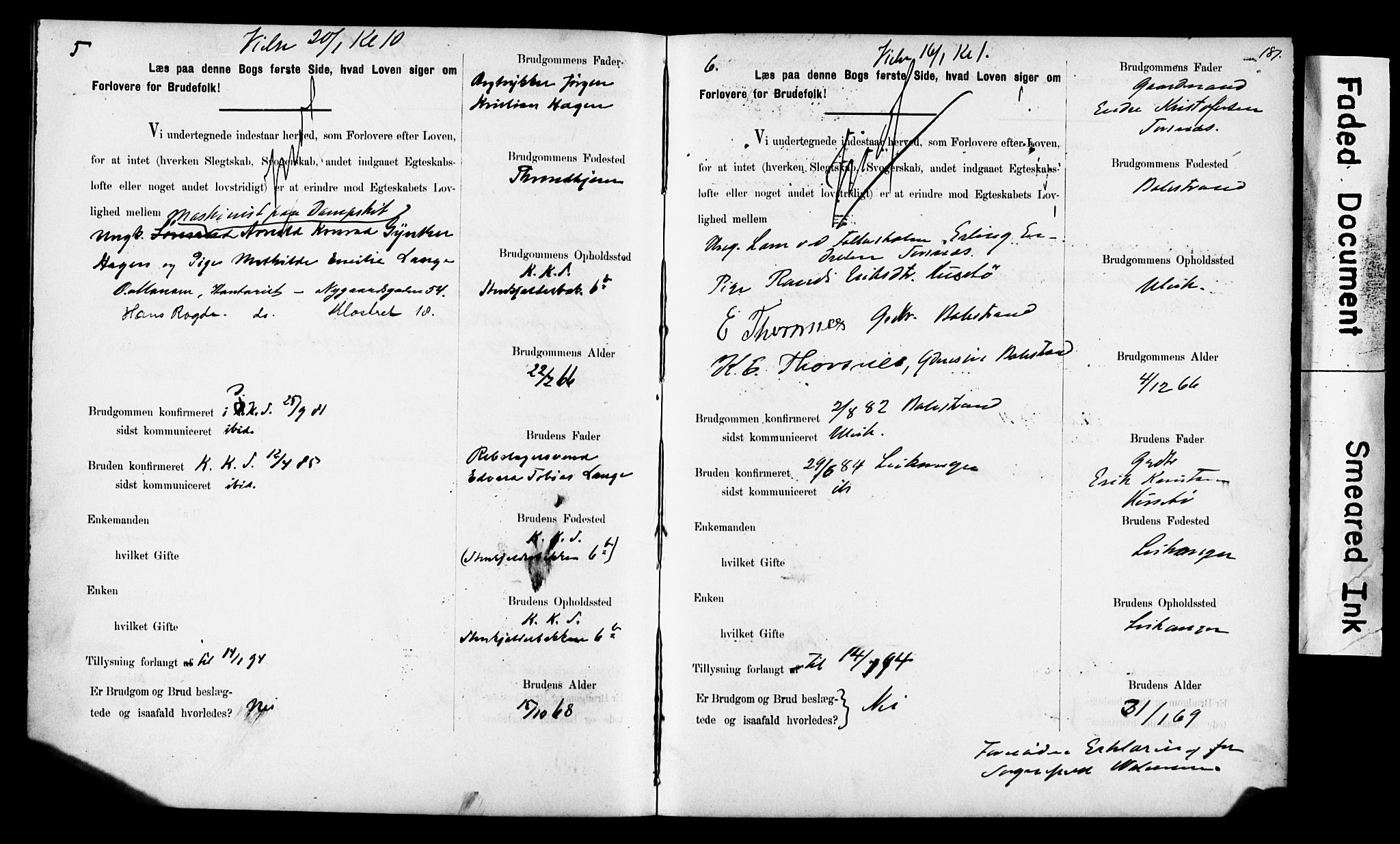 Korskirken sokneprestembete, SAB/A-76101: Forlovererklæringer nr. II.5.6, 1889-1898, s. 187