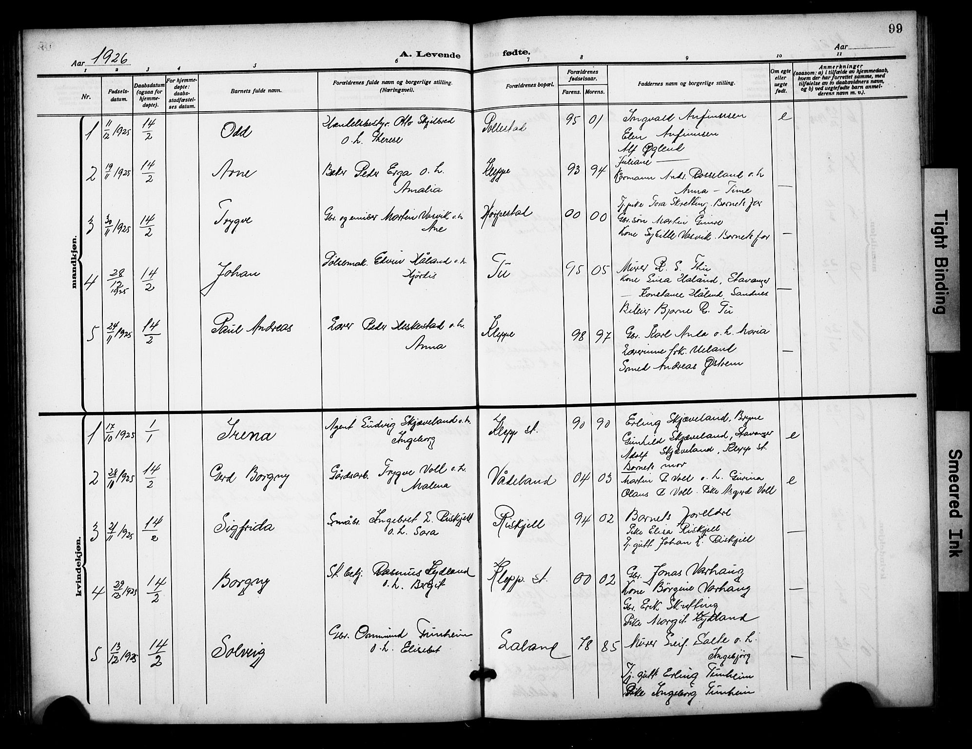 Klepp sokneprestkontor, SAST/A-101803/001/3/30BB/L0007: Klokkerbok nr. B 7, 1908-1934, s. 99