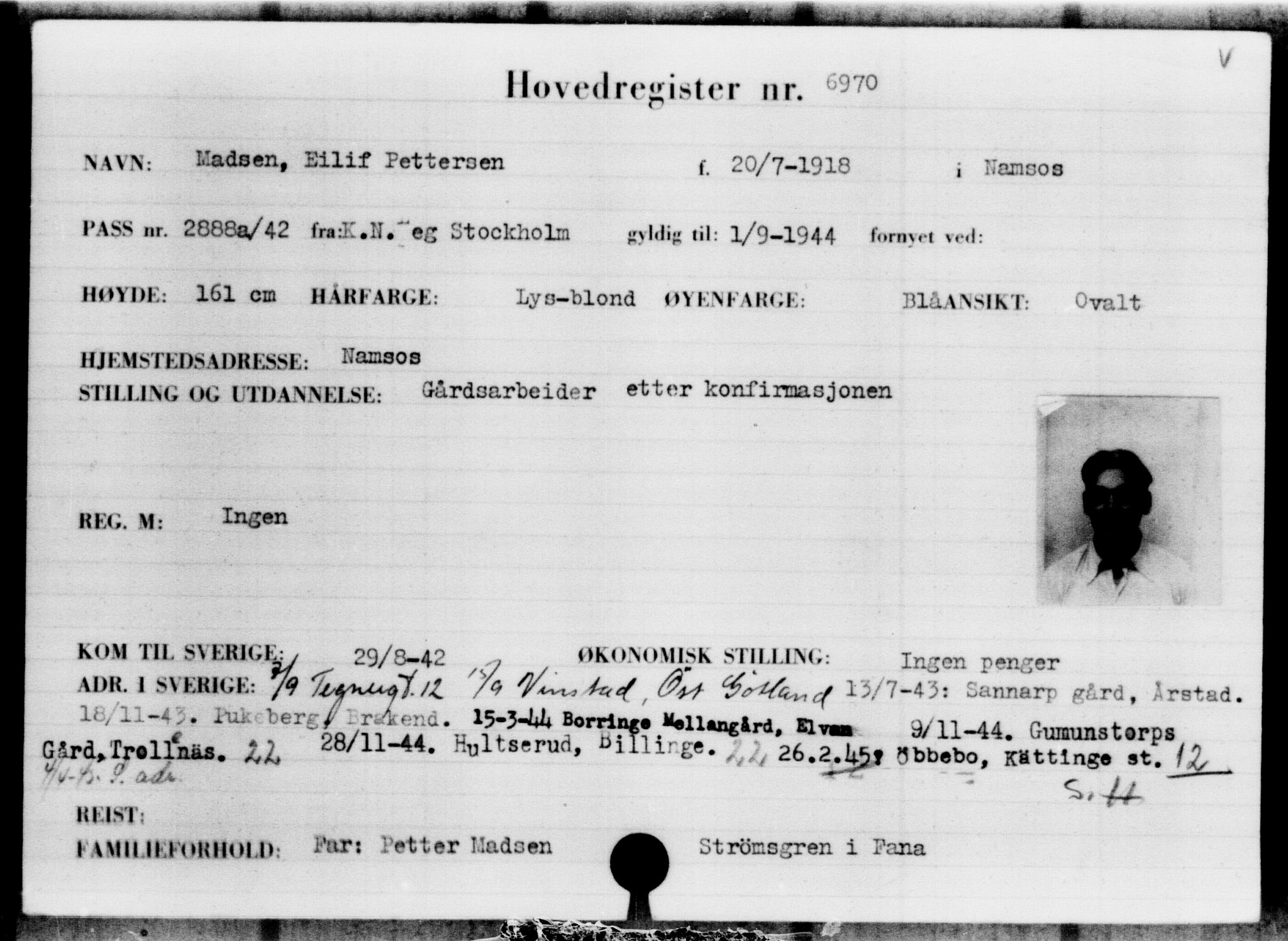 Utenriksstasjonene, Legasjonen i Stockholm, Flyktningkontoret, AV/RA-S-6753/V/Va/L0005: Kjesäterkartoteket, flyktning nr. 6600-9417, 1940-1945, s. 450