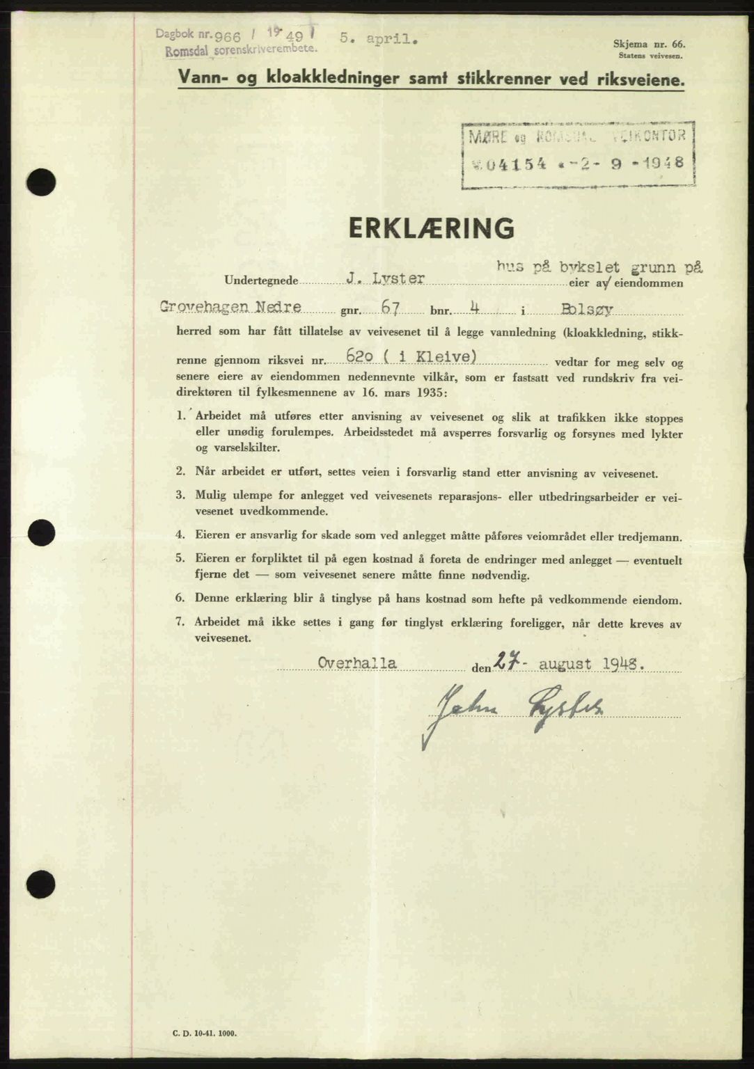 Romsdal sorenskriveri, SAT/A-4149/1/2/2C: Pantebok nr. A29, 1949-1949, Dagboknr: 966/1949