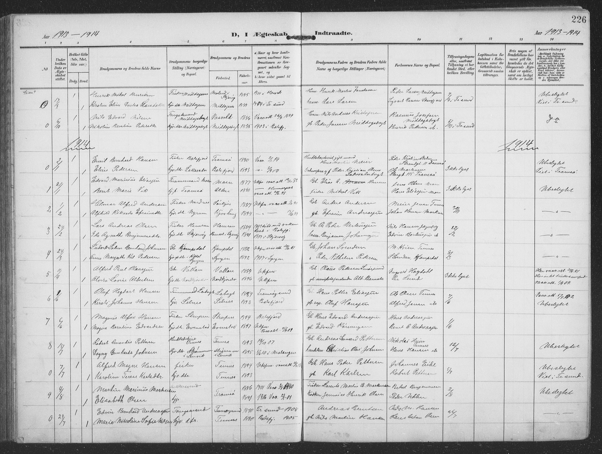 Balsfjord sokneprestembete, AV/SATØ-S-1303/G/Gab/L0009klokker: Klokkerbok nr. 9, 1906-1920, s. 226