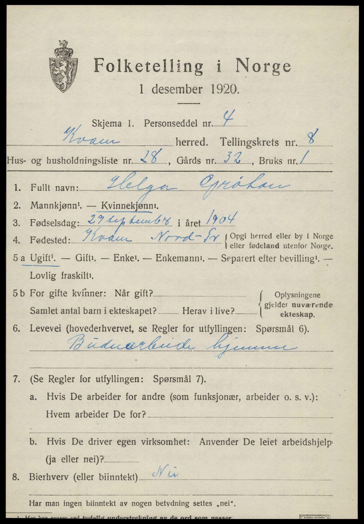 SAT, Folketelling 1920 for 1735 Kvam herred, 1920, s. 2303