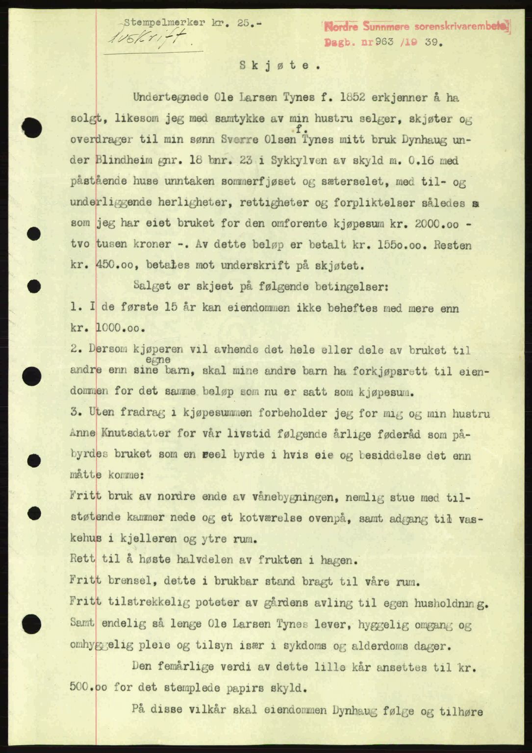 Nordre Sunnmøre sorenskriveri, SAT/A-0006/1/2/2C/2Ca: Pantebok nr. A7, 1939-1939, Dagboknr: 963/1939
