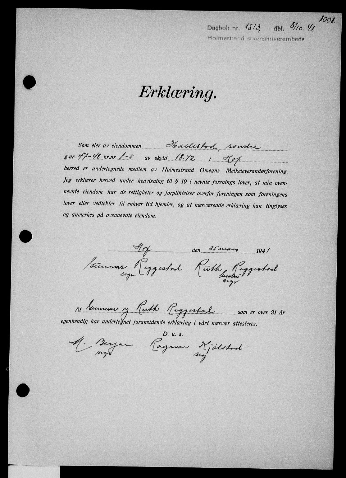 Holmestrand sorenskriveri, SAKO/A-67/G/Ga/Gaa/L0053: Pantebok nr. A-53, 1941-1941, Dagboknr: 1513/1941