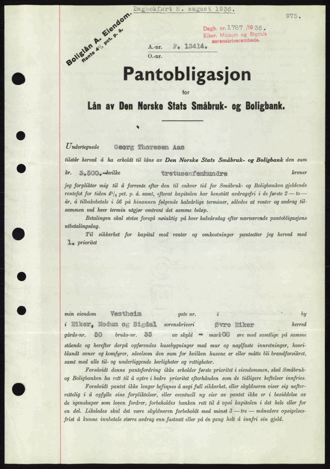 Eiker, Modum og Sigdal sorenskriveri, SAKO/A-123/G/Ga/Gab/L0032: Pantebok nr. A2, 1936-1936, Dagboknr: 1787/1936