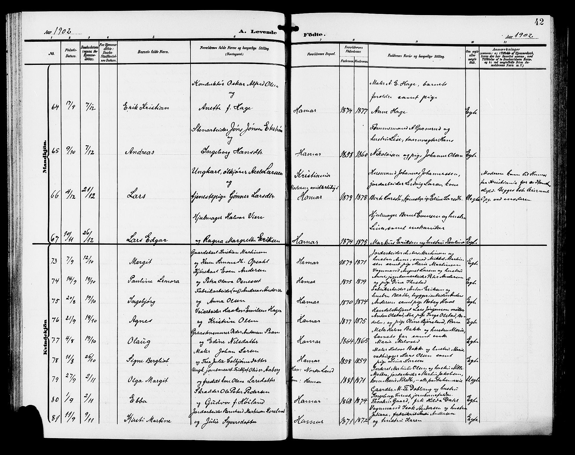 Hamar prestekontor, AV/SAH-DOMPH-002/H/Ha/Hab/L0001: Klokkerbok nr. 1, 1899-1914, s. 42
