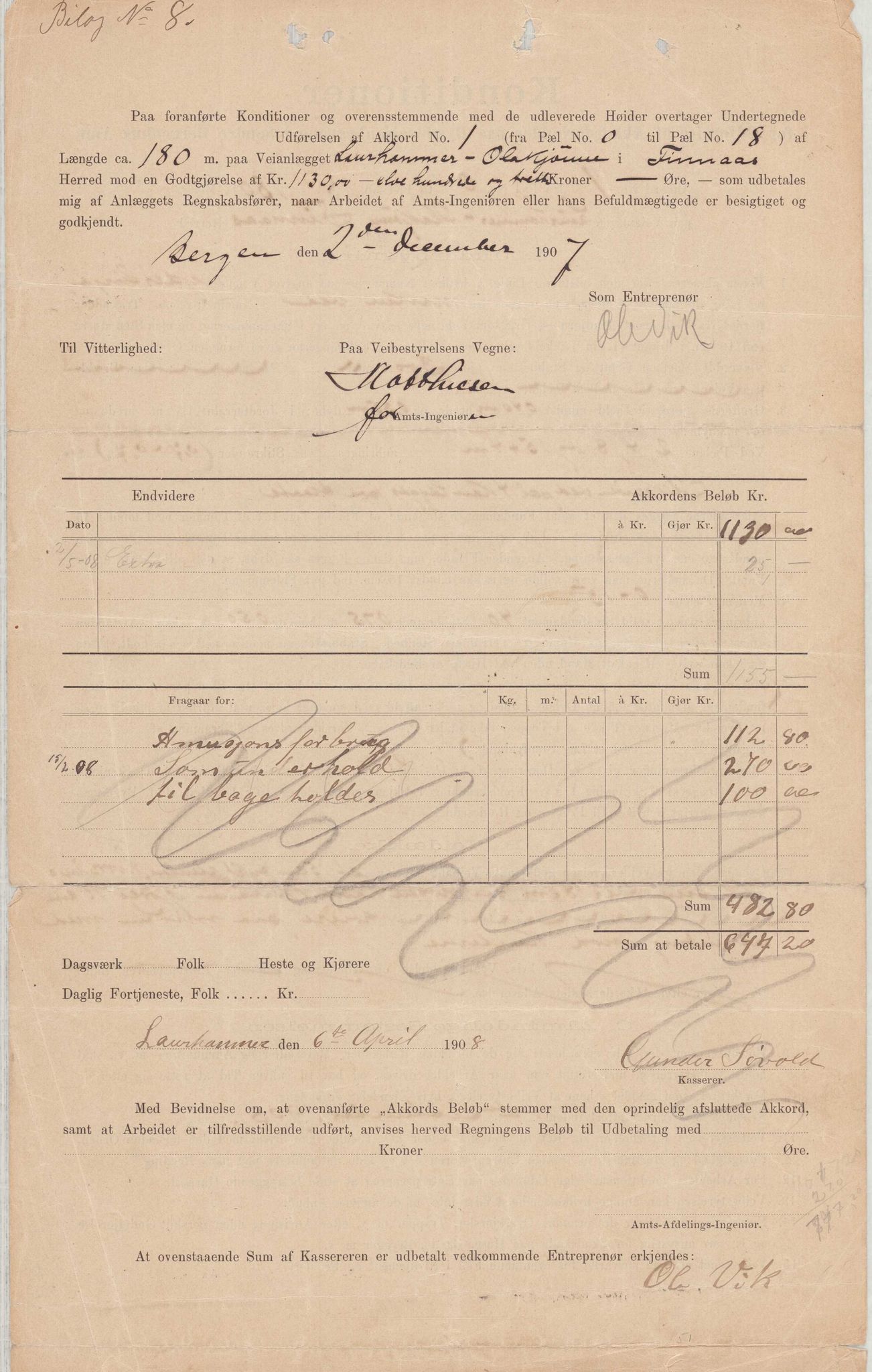 Finnaas kommune. Formannskapet, IKAH/1218a-021/E/Ea/L0001/0003: Rekneskap for veganlegg / Rekneskap for veganlegget Laurhammer - Olakjødn, 1909-1911, s. 2