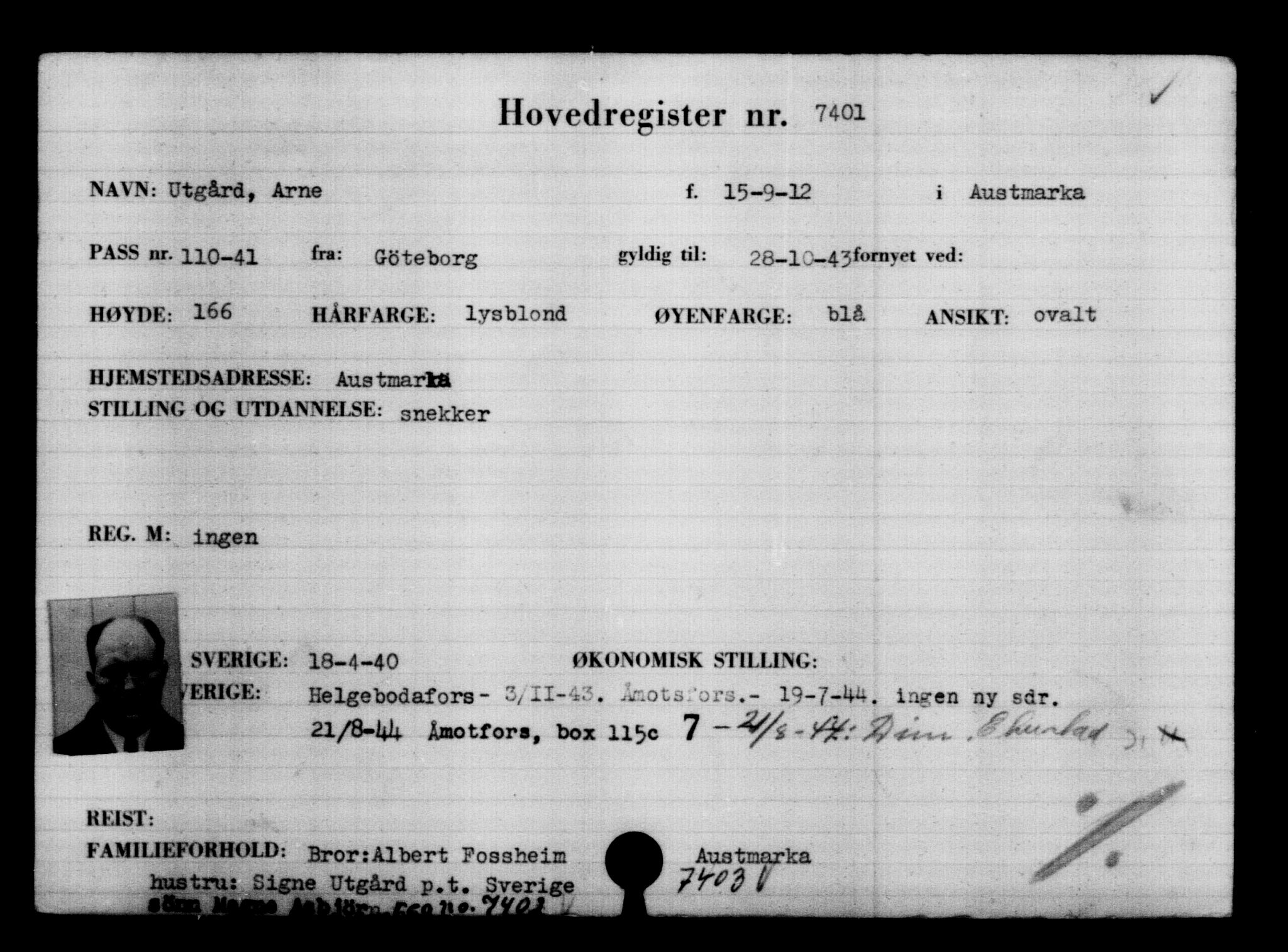 Utenriksstasjonene, Legasjonen i Stockholm, Flyktningkontoret, AV/RA-S-6753/V/Va/L0005: Kjesäterkartoteket, flyktninger med registreringsnr. 6600-9417, 1940-1945, s. 940