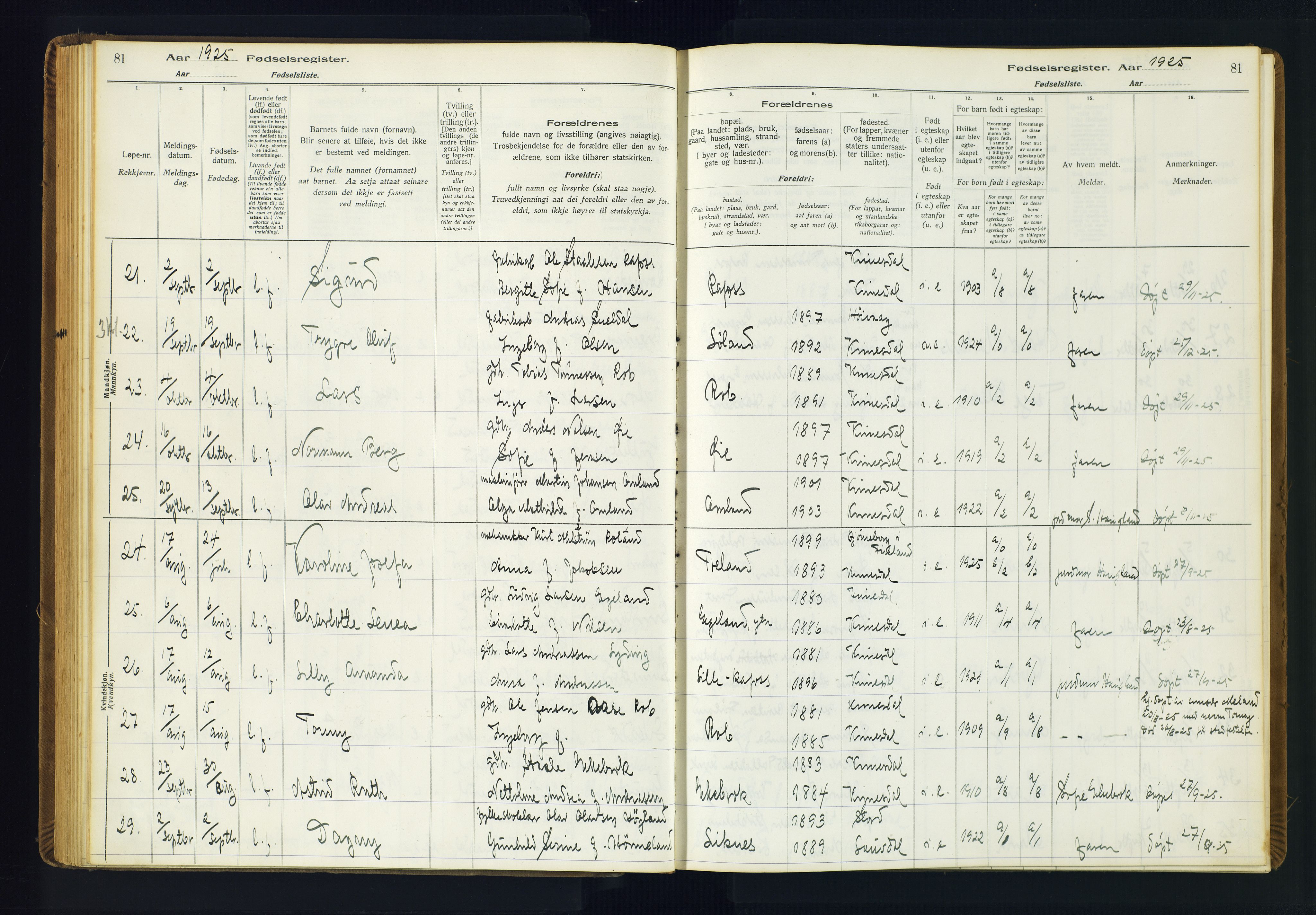Kvinesdal sokneprestkontor, AV/SAK-1111-0026/J/Ja/L0001: Fødselsregister nr. 1, 1916-1941, s. 81
