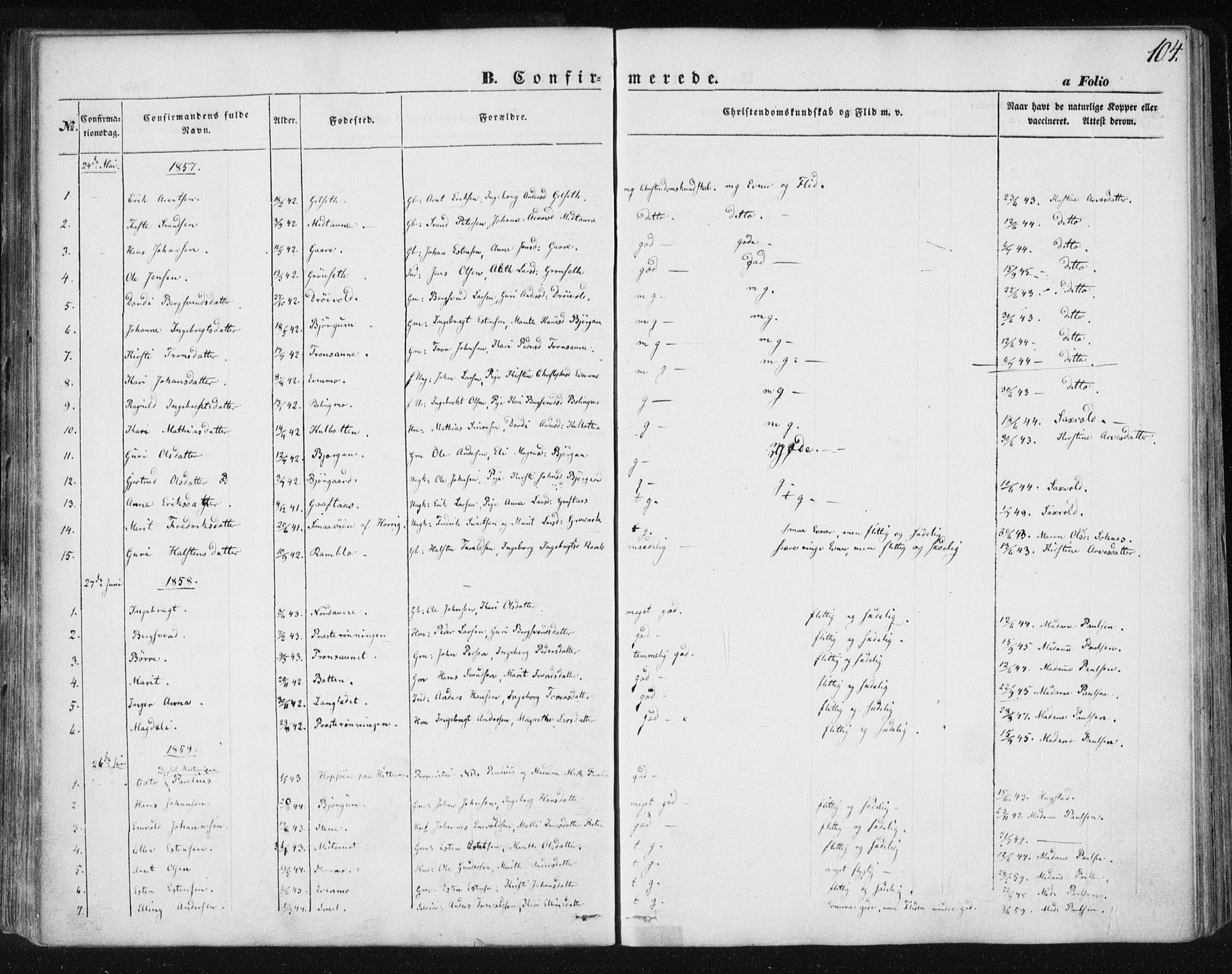 Ministerialprotokoller, klokkerbøker og fødselsregistre - Sør-Trøndelag, AV/SAT-A-1456/685/L0963: Ministerialbok nr. 685A06 /1, 1846-1859, s. 104