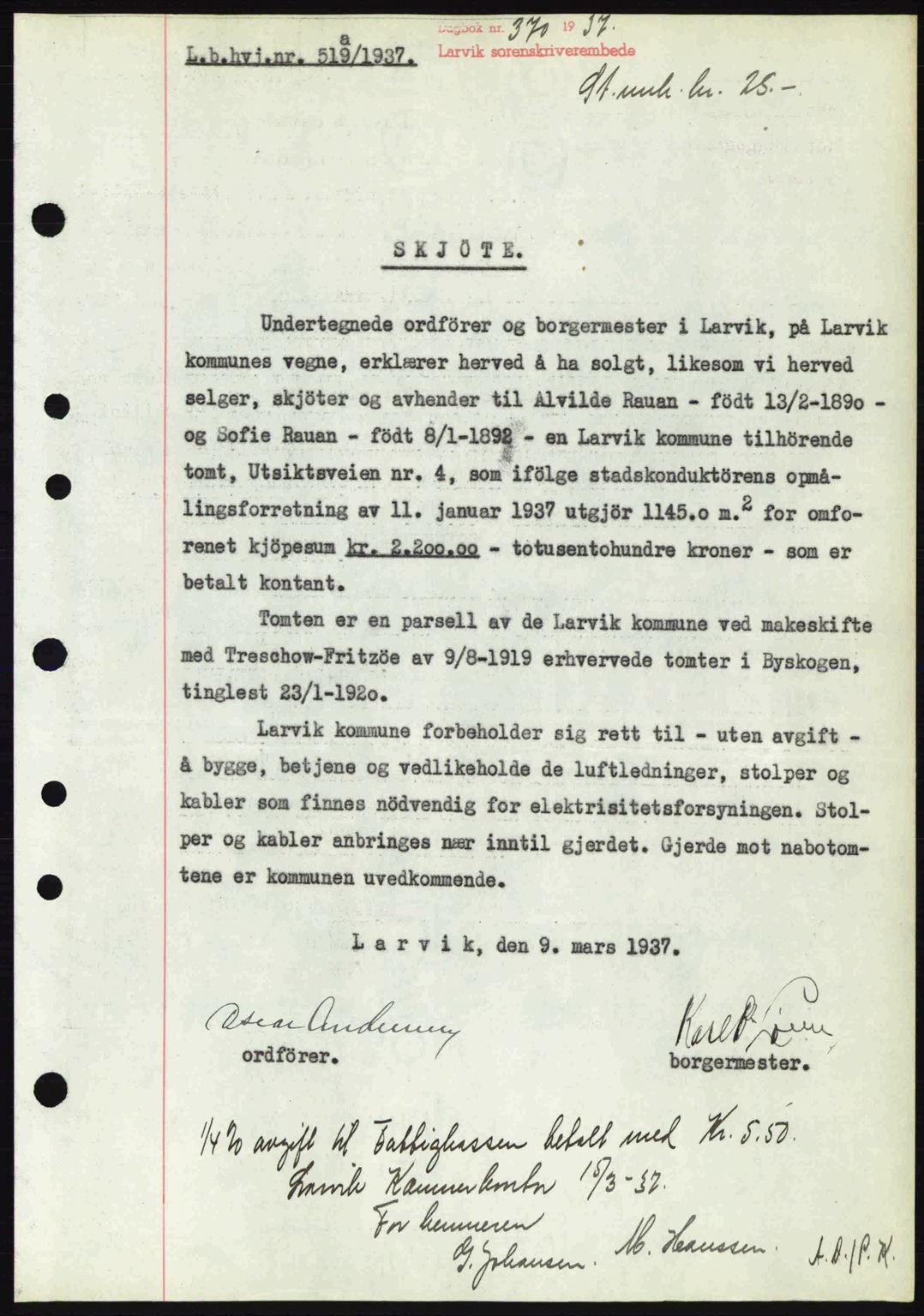 Larvik sorenskriveri, SAKO/A-83/G/Ga/Gab/L0067: Pantebok nr. A-1, 1936-1937, Dagboknr: 370/1937