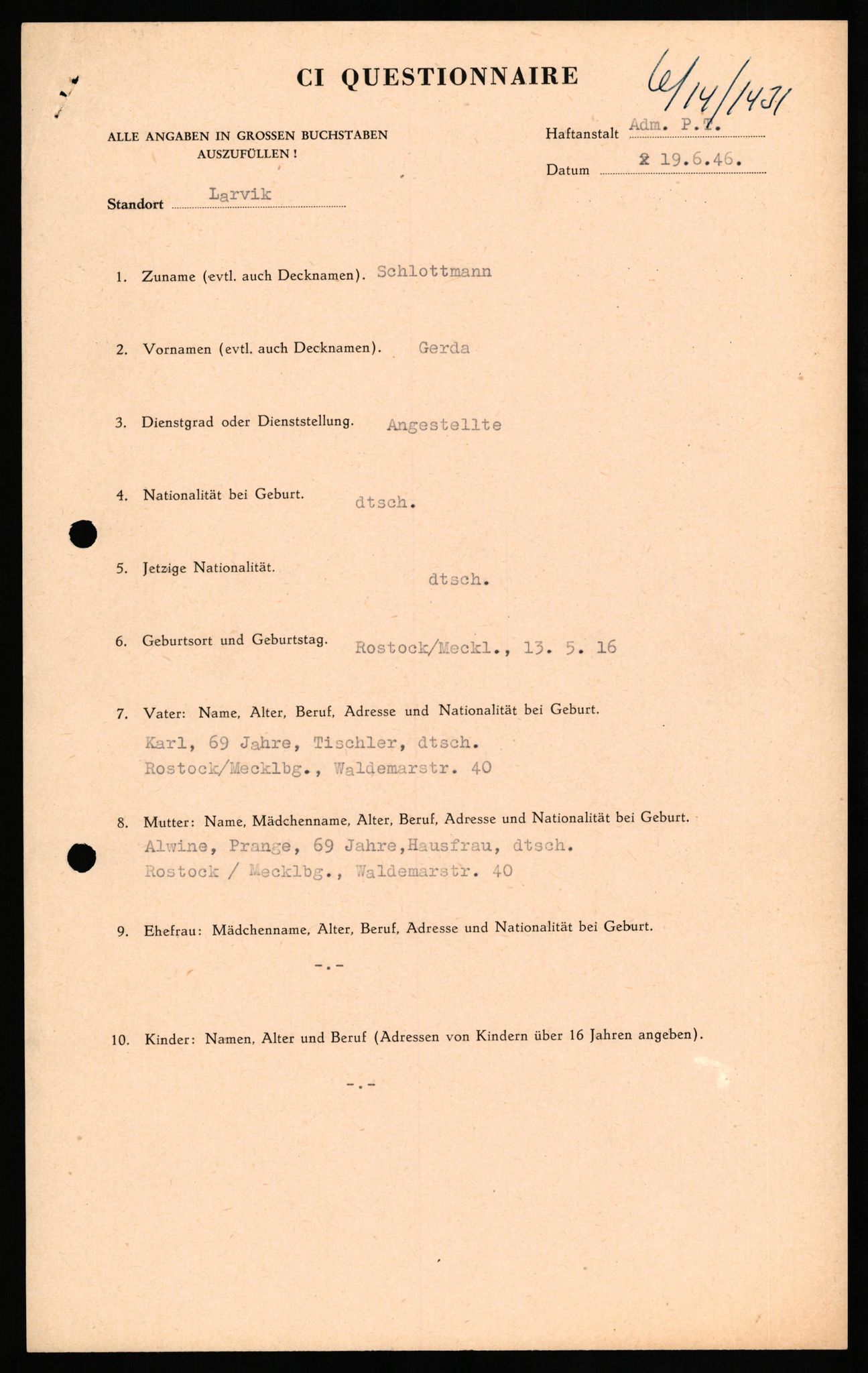 Forsvaret, Forsvarets overkommando II, RA/RAFA-3915/D/Db/L0029: CI Questionaires. Tyske okkupasjonsstyrker i Norge. Tyskere., 1945-1946, s. 287