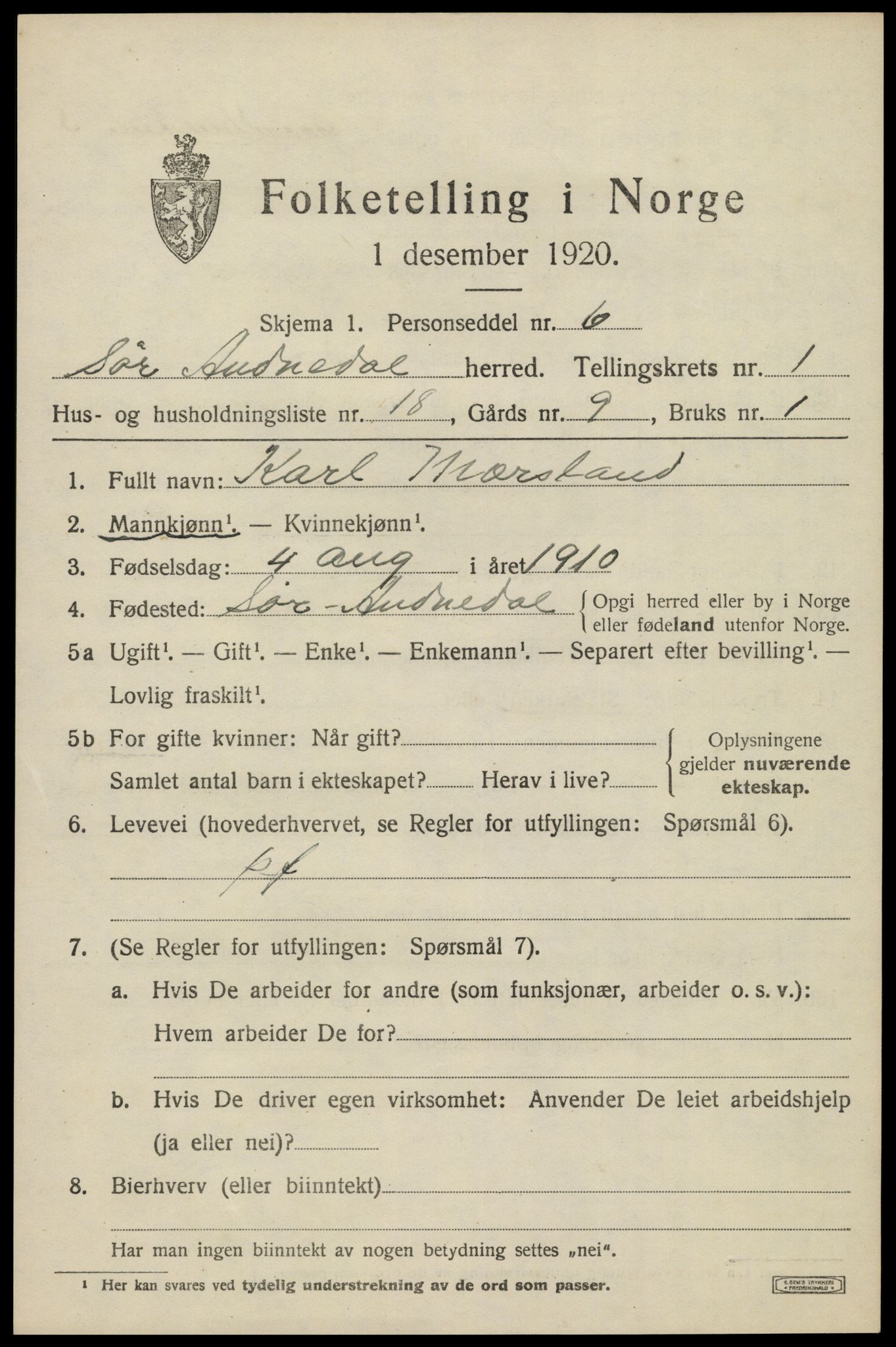 SAK, Folketelling 1920 for 1029 Sør-Audnedal herred, 1920, s. 1581